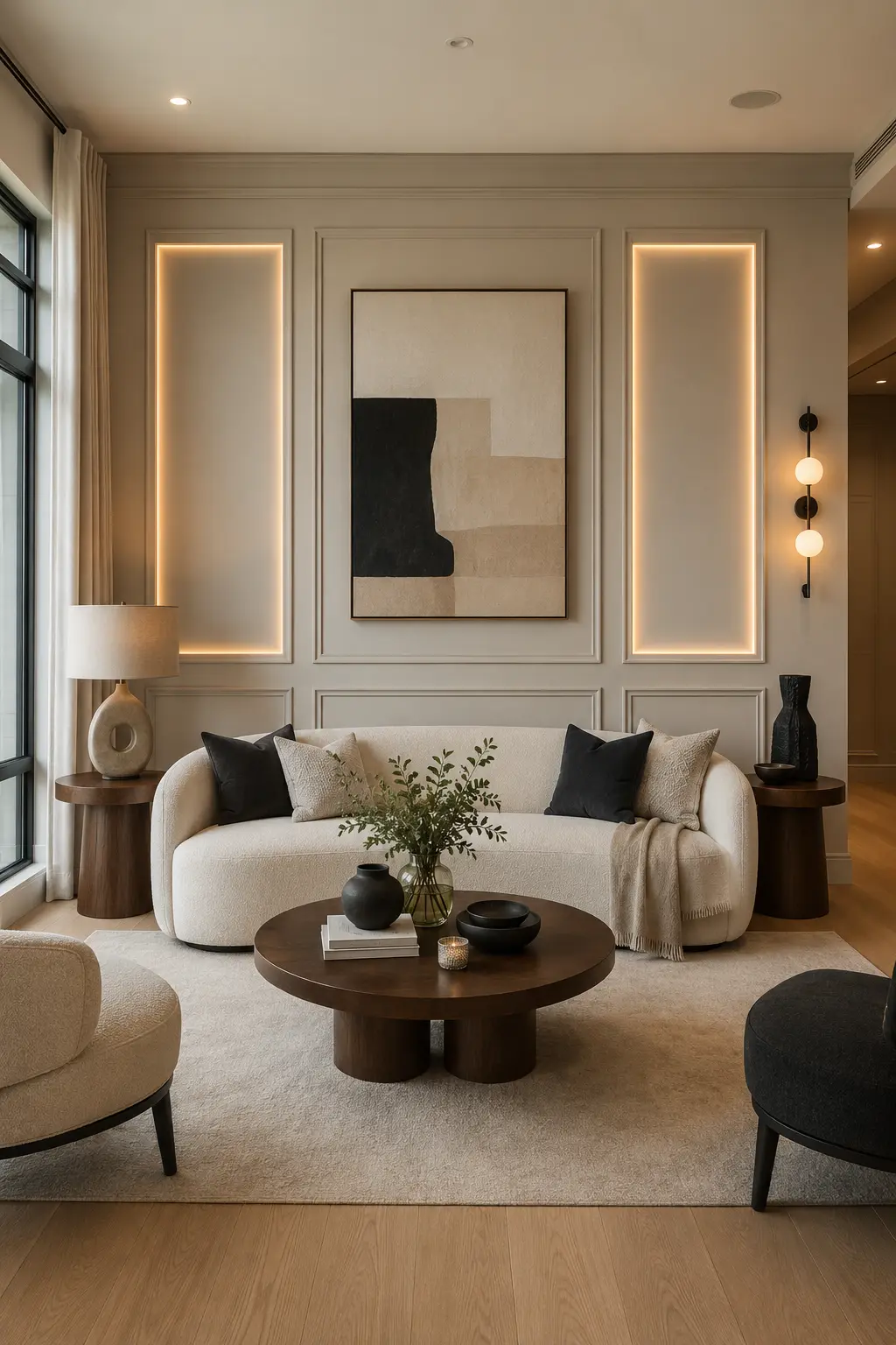 DIY wall molding feature wall with symmetrical MDF trim, concealed LED accent panels, oversized abstract artwork, curved cream sofa, walnut coffee table, textured rug, ceramic décor, oak flooring, and sophisticated contemporary living room styling.