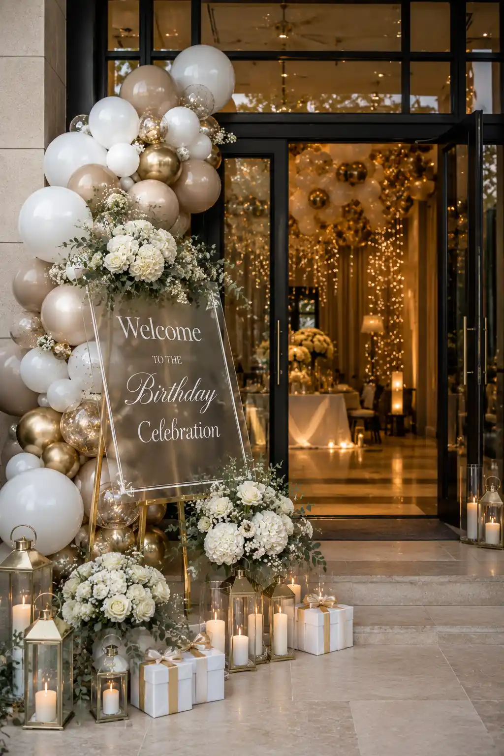 Luxury birthday welcome entrance with acrylic welcome sign, organic white and gold balloon garland, fresh white flowers, elegant lanterns, candles, gift boxes, floral arrangements, and sophisticated birthday party entrance decoration for modern celebrations.