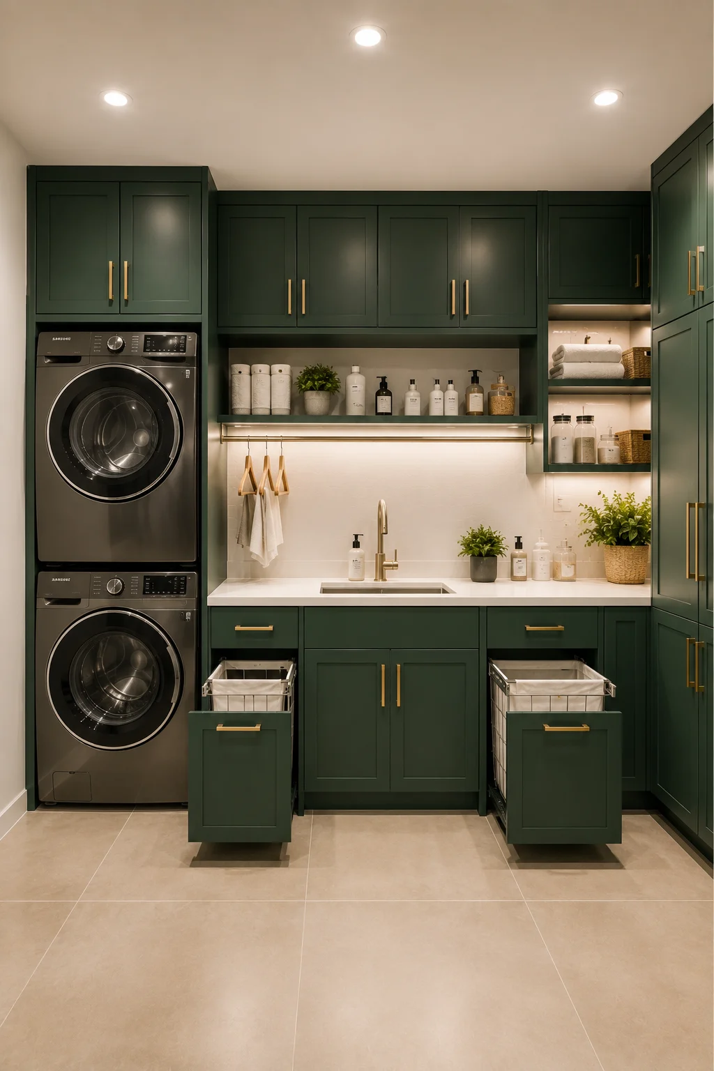 Modern emerald green laundry room featuring stacked Samsung washer and dryer, deep green cabinets, brass hardware, white quartz countertop, pull out laundry hampers, open shelves, integrated sink, warm LED lighting, porcelain flooring, and elegant space saving storage solutions.