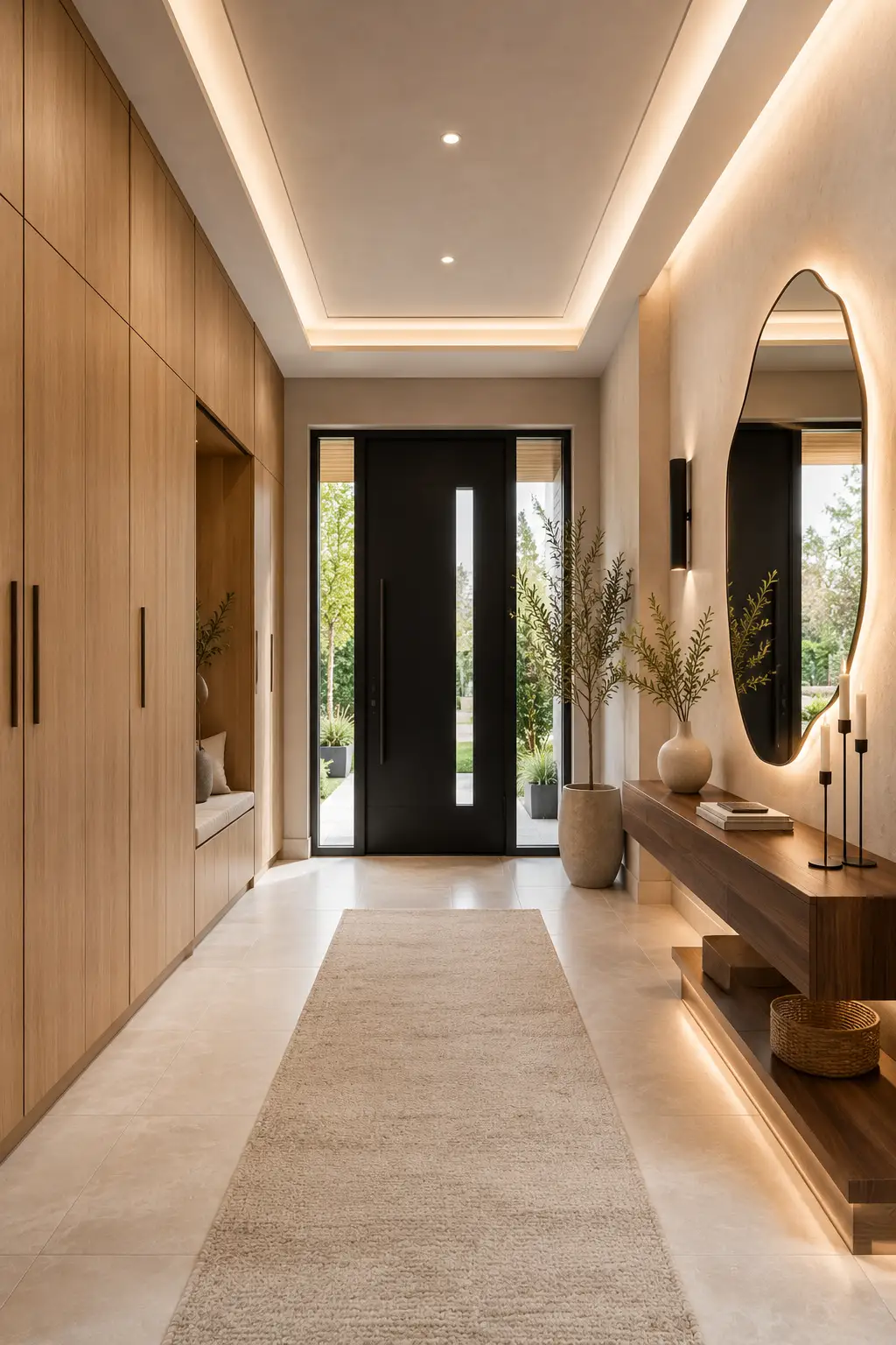 Luxury hotel inspired entrance hall featuring floor to ceiling oak cabinetry, floating walnut console, oversized backlit mirror, warm LED lighting, sculptural décor, indoor olive trees, porcelain flooring, elegant wall details, modern pivot front door, and a five star inspired contemporary home entry.