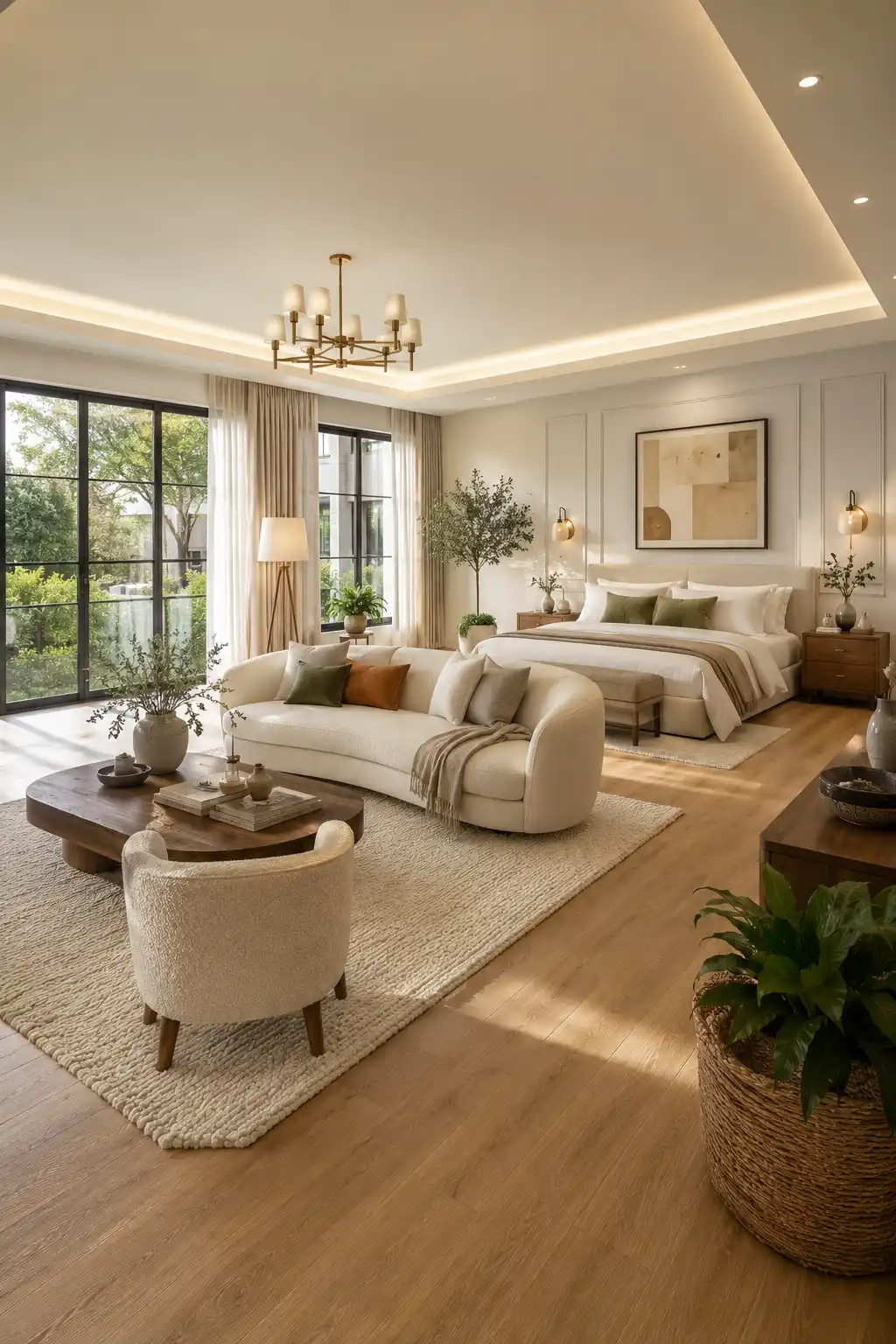 Stylish studio apartment with a curved sofa placed between the living room and bedroom to create separate functional zones, modern neutral furniture, marble coffee table, textured area rug, oversized windows, warm oak flooring, elegant lighting, and smart small apartment layout for open concept living.