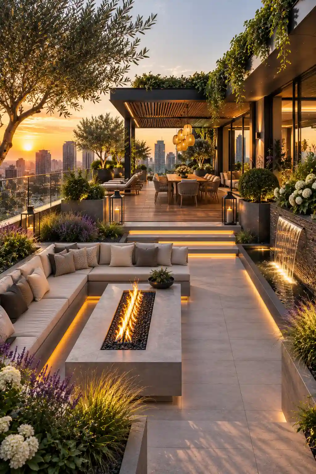 Luxury rooftop garden with contemporary outdoor lounge, elegant fire feature, modern dining space, oversized architectural planters, olive trees, ornamental grasses, panoramic city skyline, premium rooftop landscaping, designer outdoor furniture, ambient landscape lighting, luxury terrace design, modern rooftop living, and contemporary garden inspiration.