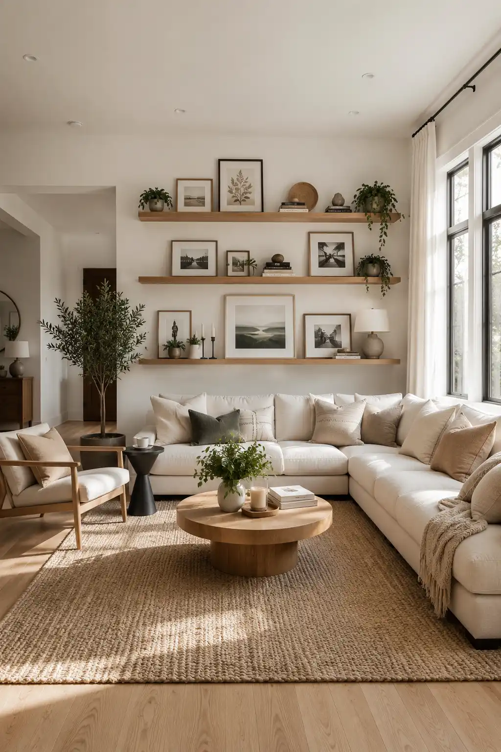 Floating oak picture ledges above a cream sectional sofa displaying layered framed artwork, landscape prints, decorative books, indoor plants, candles, ceramic accessories, natural sunlight, warm neutral living room décor, and stylish floating shelf wall ideas for decorating blank walls.