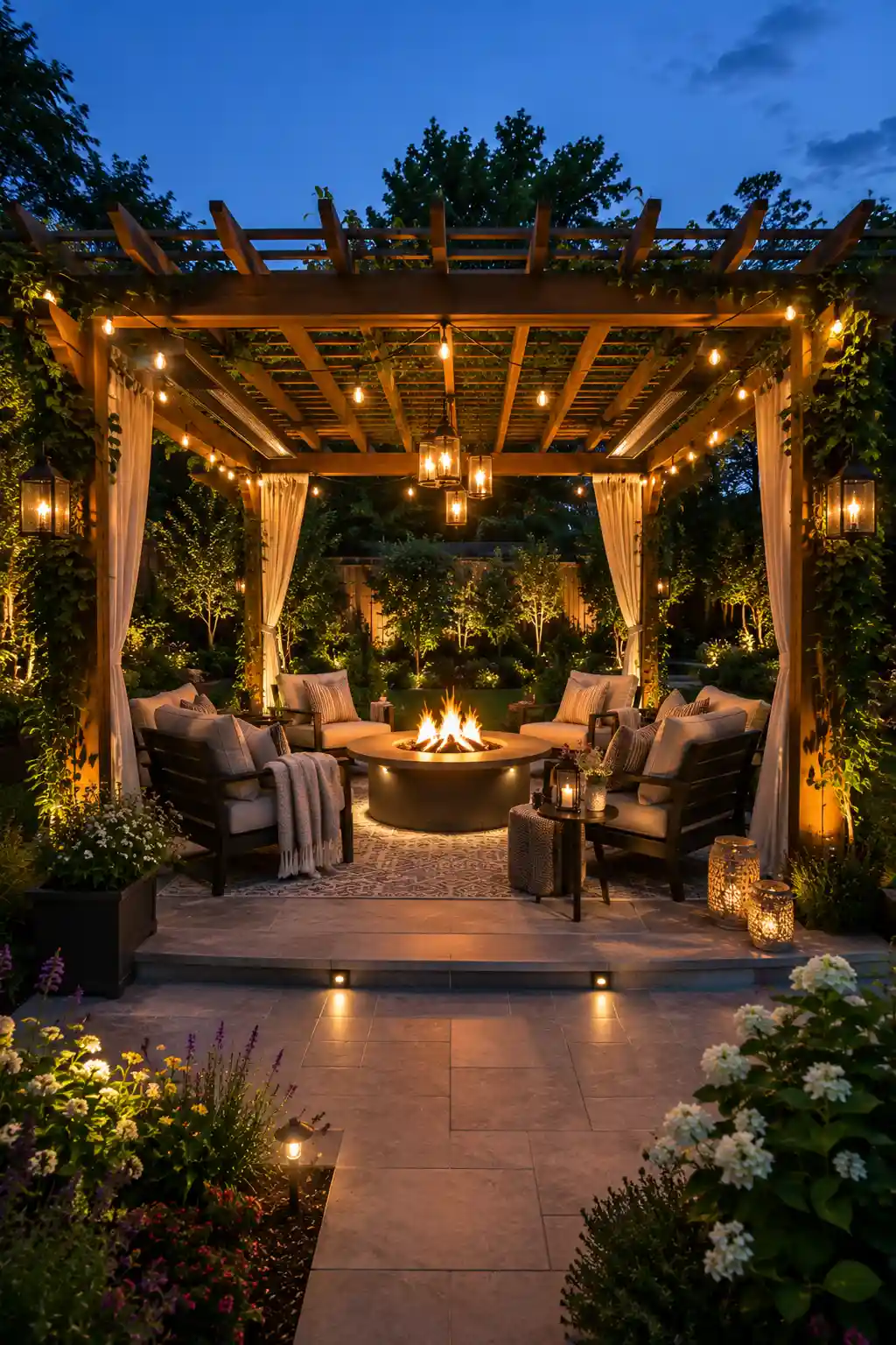 Wooden pergola covering a modern round fire pit with plush outdoor lounge chairs, warm string lights, hanging lanterns, outdoor curtains, porcelain patio, lush landscaped garden, climbing vines, elegant backyard retreat, and luxury outdoor living space at dusk.