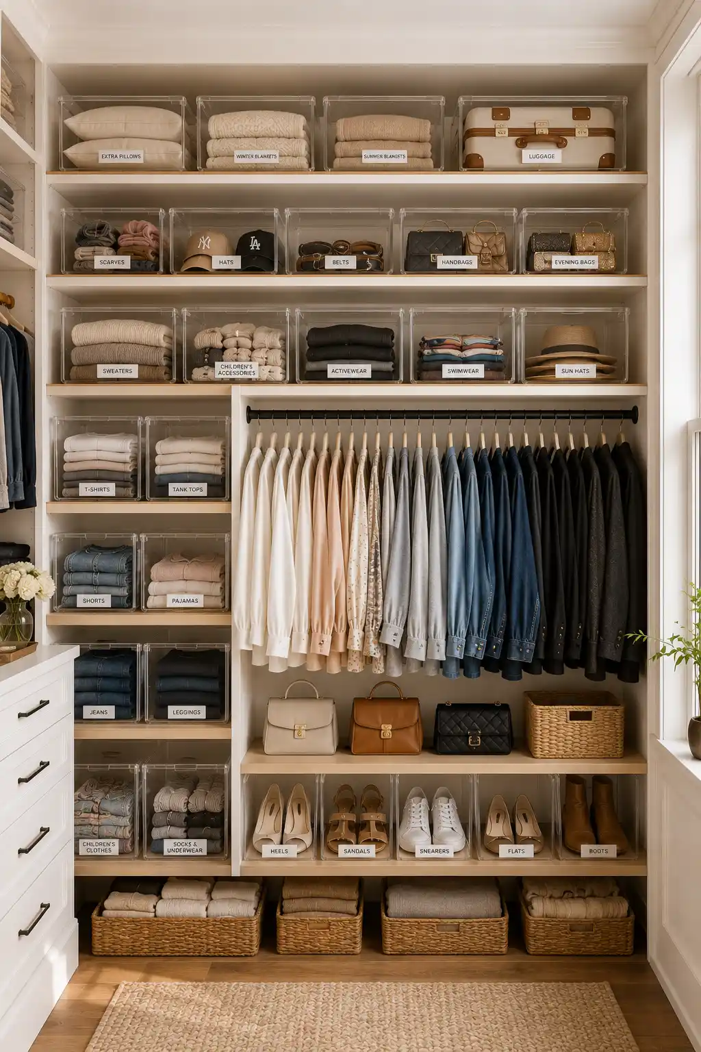 Small closet organization ideas using clear storage bins to organize sweaters, scarves, hats, handbags, belts, folded clothing, seasonal items, shoes, and accessories. Transparent stackable containers inside a luxury custom closet create an organized storage system while maximizing shelf space.