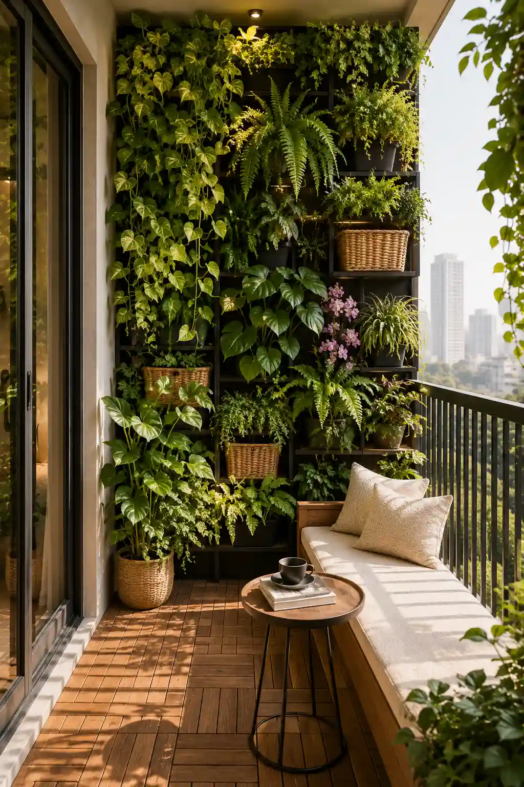 Modern small apartment balcony with a stunning vertical garden wall, built in wooden bench, cream cushions, hanging planters, lush ferns, pothos, philodendrons, herbs, decorative greenery, natural wood deck flooring, and contemporary outdoor styling for a beautiful green balcony makeover.