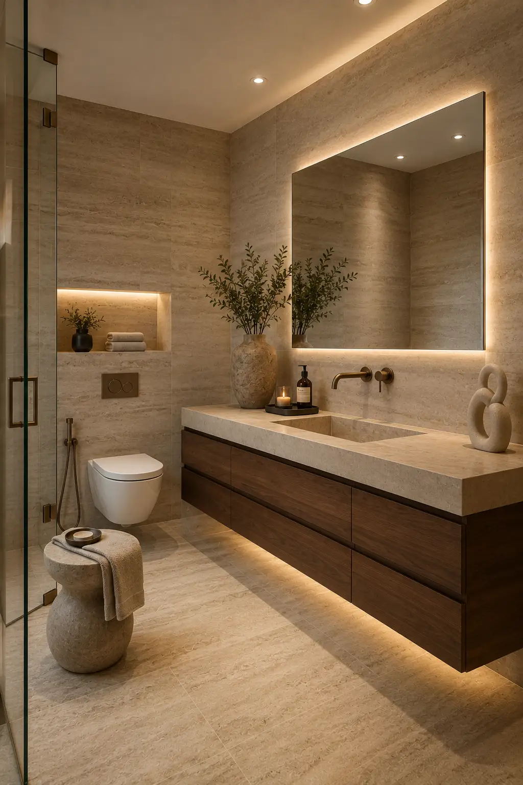 Luxury guest bathroom showcasing travertine look porcelain wall and floor tiles, floating walnut vanity, thick integrated stone countertop, oversized illuminated mirror, brushed bronze wall mounted faucet, recessed illuminated wall niche, frameless glass shower, natural stone stool, ceramic accessories, olive branches, warm architectural lighting, and timeless modern bathroom design.
