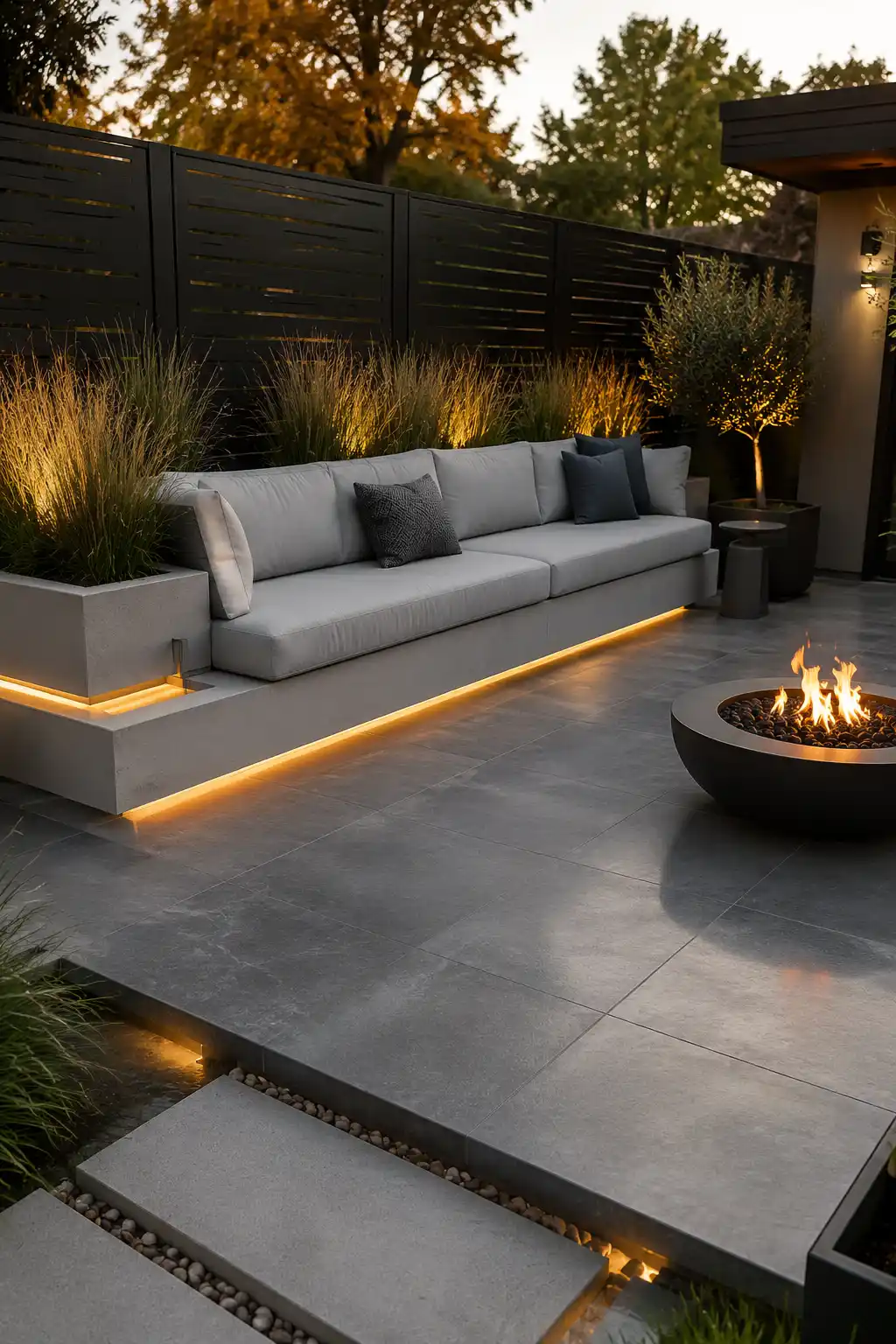 Custom built in concrete patio bench with thick light gray outdoor cushions, integrated LED strip lighting, architectural planters, charcoal porcelain pavers, modern fire bowl, and luxury built in seating ideas for stylish small outdoor living spaces.