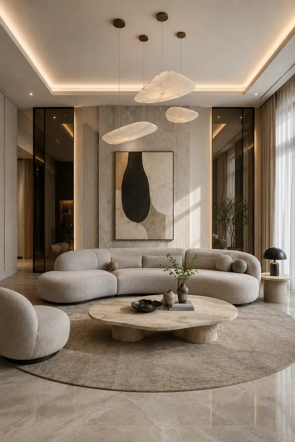 Curved grey couch living room featuring a sculptural curved sofa, oversized round stone coffee table, artistic pendant lighting, textured stone feature wall, black framed glass panels, contemporary abstract artwork, neutral area rug, warm recessed lighting, luxury minimalist décor, and an elegant modern living space with soft organic shapes.