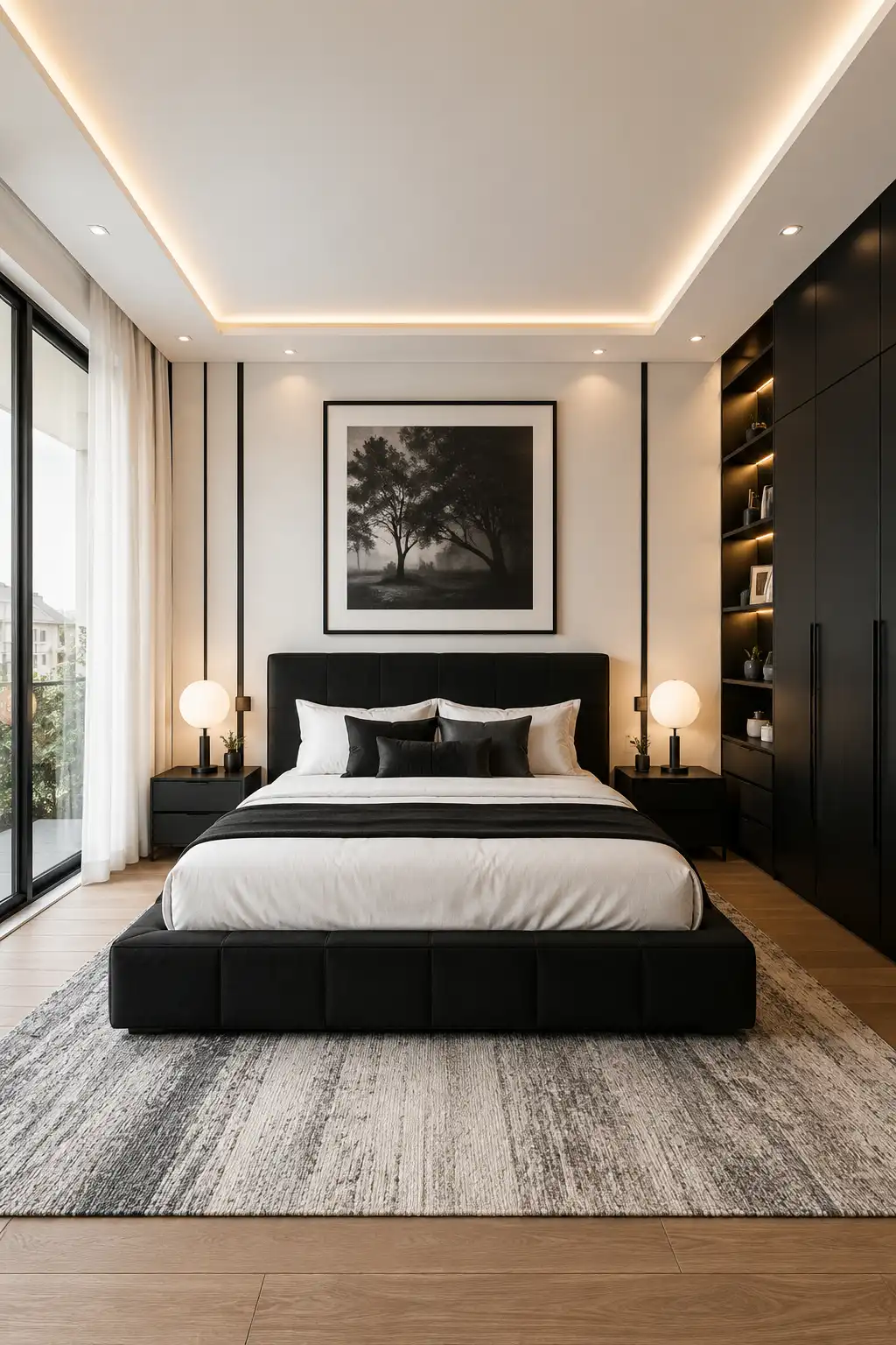 Modern black and white guest bedroom featuring a low profile black upholstered platform bed with layered white bedding, black accent pillows, matte black nightstands, custom black wardrobes, framed monochrome artwork, globe table lamps, textured gray area rug, warm wood flooring, built in shelving with LED lighting, floor to ceiling windows, and sleek contemporary luxury bedroom décor.