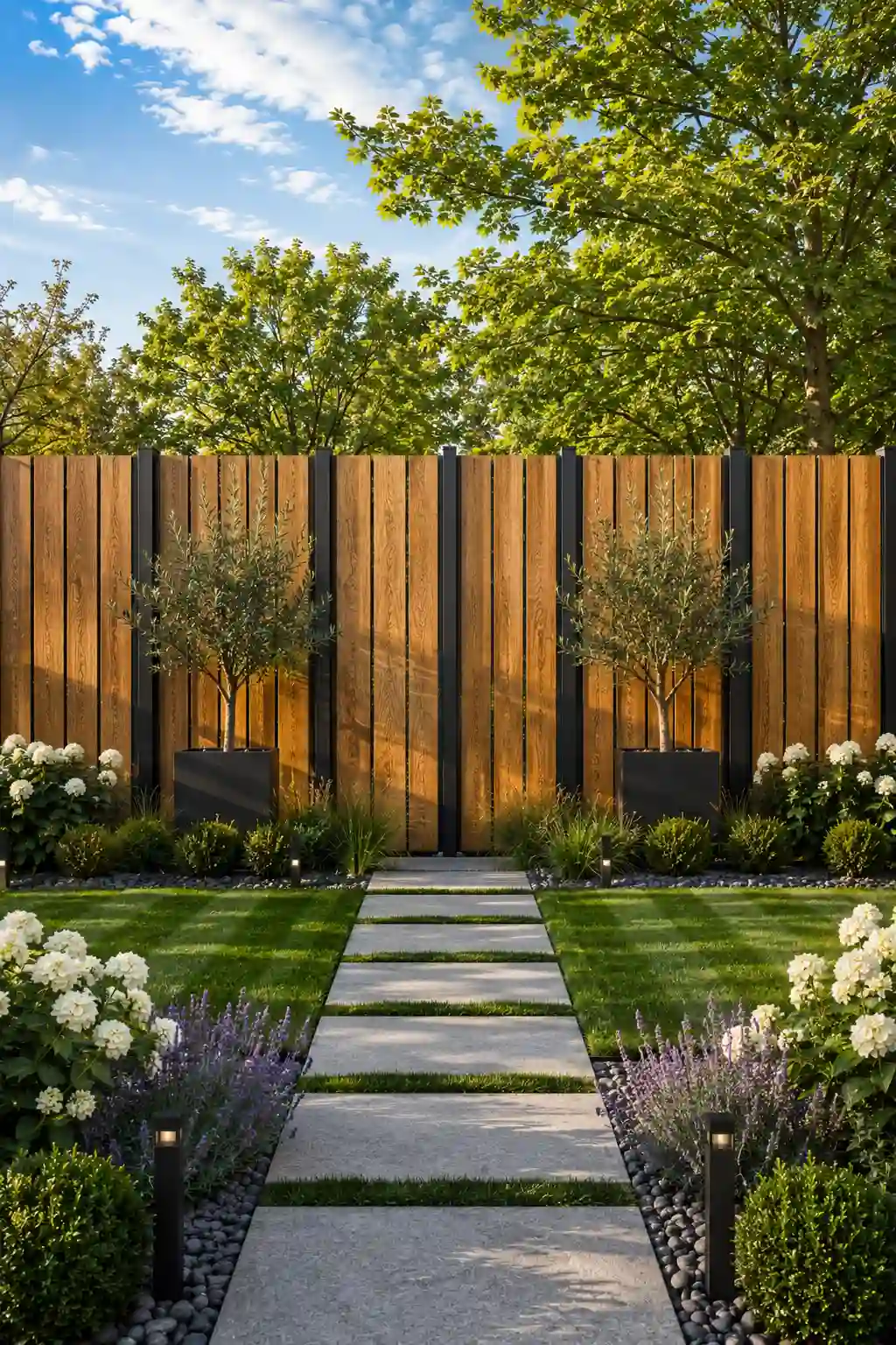 Modern vertical timber garden fence with warm natural wood boards, slim black steel posts, white hydrangeas, lavender, olive trees in square black planters, decorative river rocks, concrete stepping stone pathway, lush green lawn, contemporary privacy fencing ideas, luxury backyard landscaping inspiration.