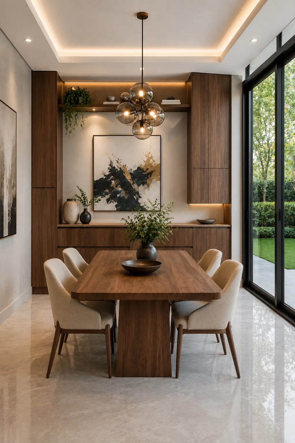 Modern small dining room with custom built in walnut storage cabinets, hidden storage solutions, wooden dining table, upholstered dining chairs, designer pendant light, abstract artwork, decorative shelving, polished flooring, and luxury contemporary home organization ideas.