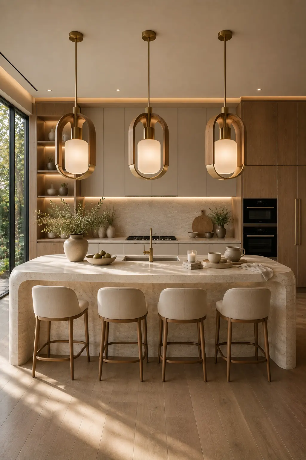 Luxury modern kitchen with gold sculptural pendant lights above a curved stone waterfall kitchen island, warm wood cabinets, creamy white cabinetry, upholstered counter stools, brushed brass fixtures, hidden LED shelving, soft neutral color palette, elegant kitchen island lighting ideas, luxury pendant lighting inspiration, contemporary designer kitchen interior