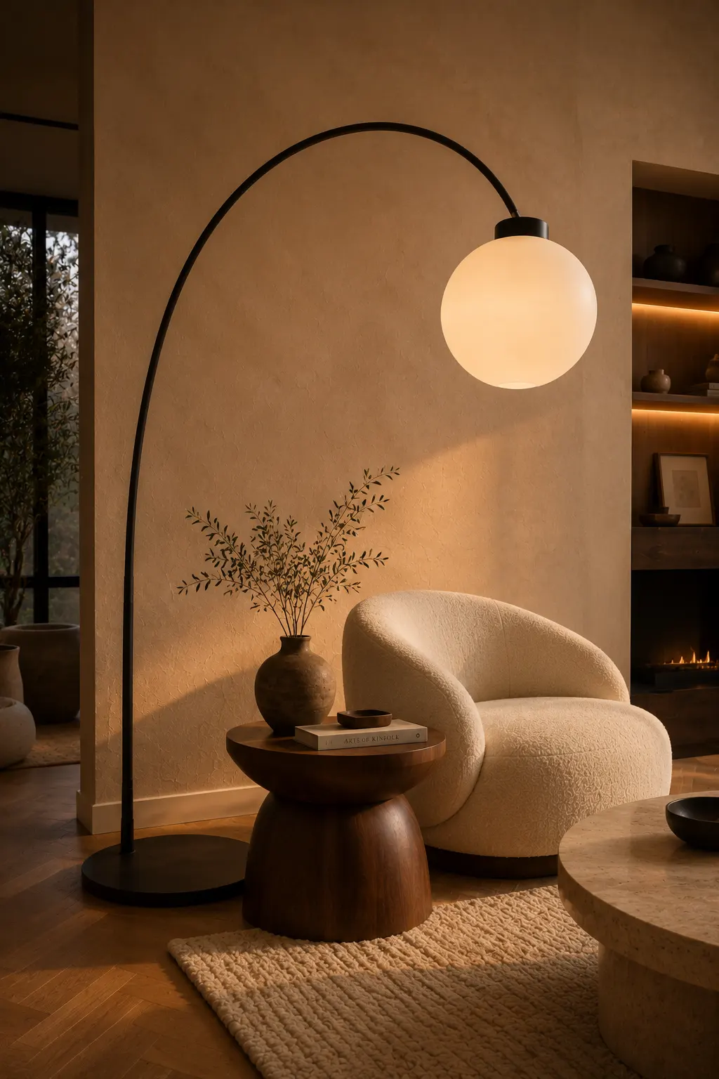 Stylish mid century modern reading corner featuring a sculptural black arc floor lamp, cream boucle accent chair, walnut pedestal side table, warm ambient lighting, textured area rug, minimalist decor, elegant cozy seating nook, luxury contemporary home styling, timeless living room inspiration.