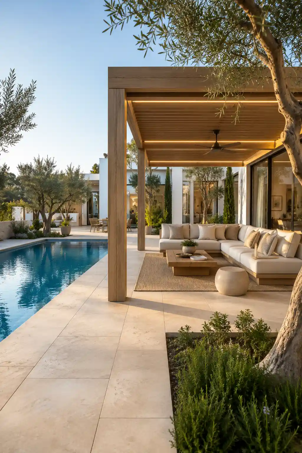 Modern wooden pergola beside a luxury swimming pool, spacious outdoor sectional sofa, cream limestone decking, integrated pergola lighting, ceiling fan, elegant lounge area, contemporary white home, olive trees, landscaped backyard, resort style poolside seating, premium outdoor living design, sophisticated backyard lounge inspiration.