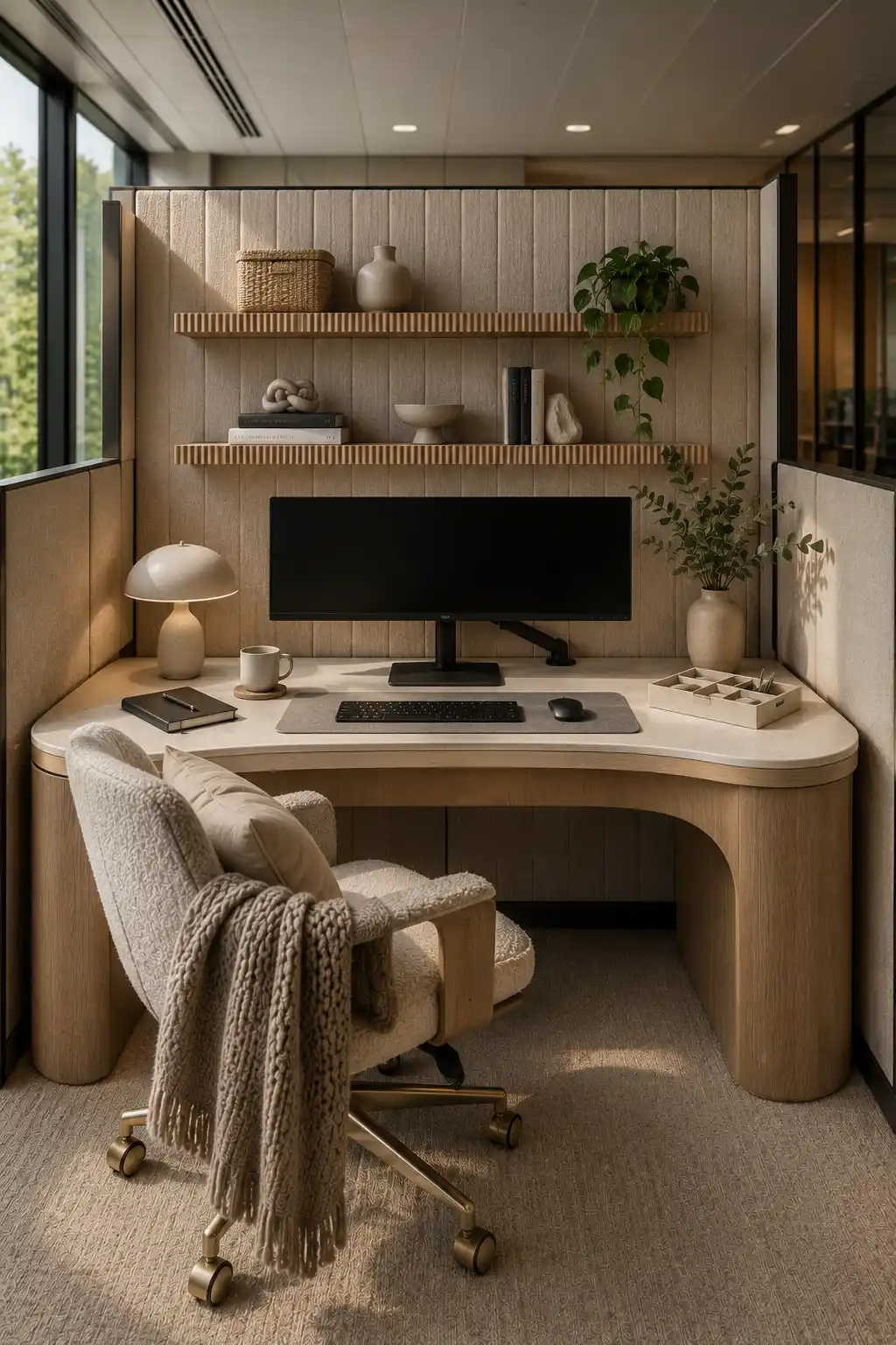 Cozy cubicle decor ideas with a boucle office chair, knitted throw blanket, curved desk, floating shelves, woven baskets, ceramic decor, indoor plants, soft neutral office styling, textured workspace accessories, and luxury office inspiration for a warm workspace.