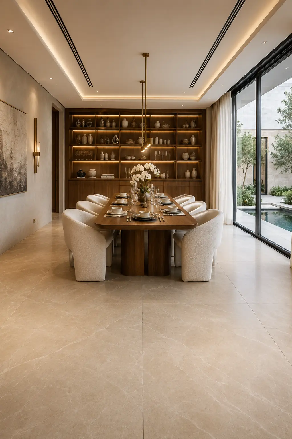 Modern luxury dining room featuring a custom walnut display wall with illuminated shelving, decorative ceramics, designer styling, walnut dining table, upholstered dining chairs, floor to ceiling glass doors, warm ambient lighting, and elegant contemporary interior inspiration.