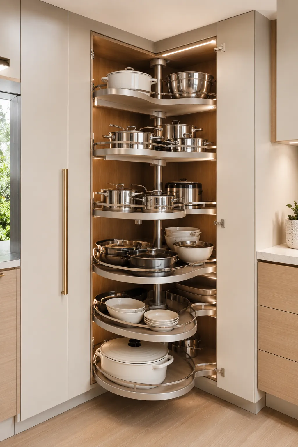Luxury rotating kitchen corner cabinet organizer with pull out shelves, modern lazy Susan storage system, organized cookware, pots, pans, serving bowls, custom corner cabinet storage, premium kitchen organization solution, soft close rotating shelves, space saving corner kitchen ideas for small kitchens.