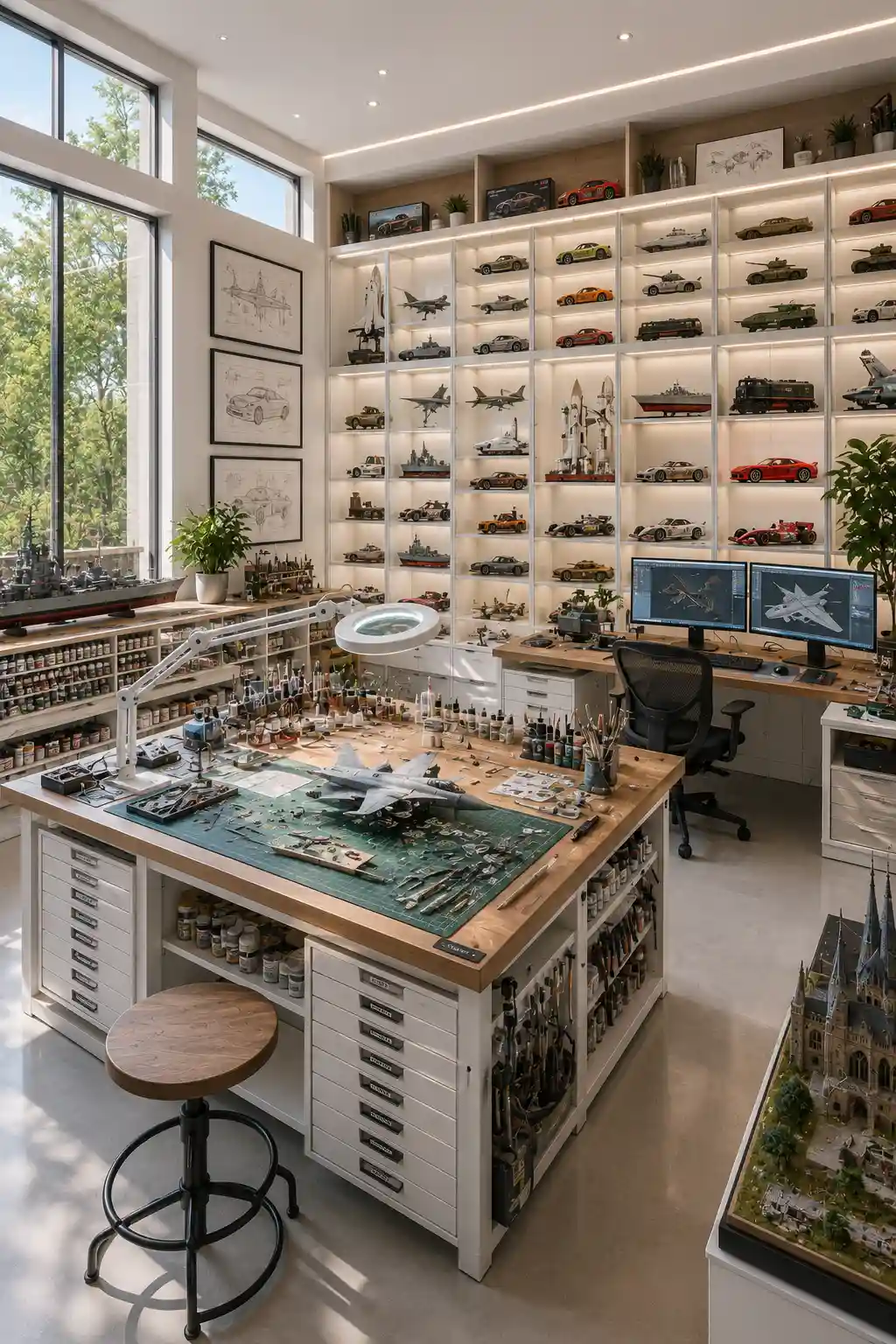 Luxury model building hobby room featuring spacious precision workbench, illuminated glass display cabinets, scale model airplanes, ships and classic cars, organized paint storage, hobby tool organizers, cutting mat workstation, adjustable task lighting, oversized windows, modern cabinetry, detailed model workshop, organized hobby studio, creative model building room ideas, professional miniature workspace inspiration.