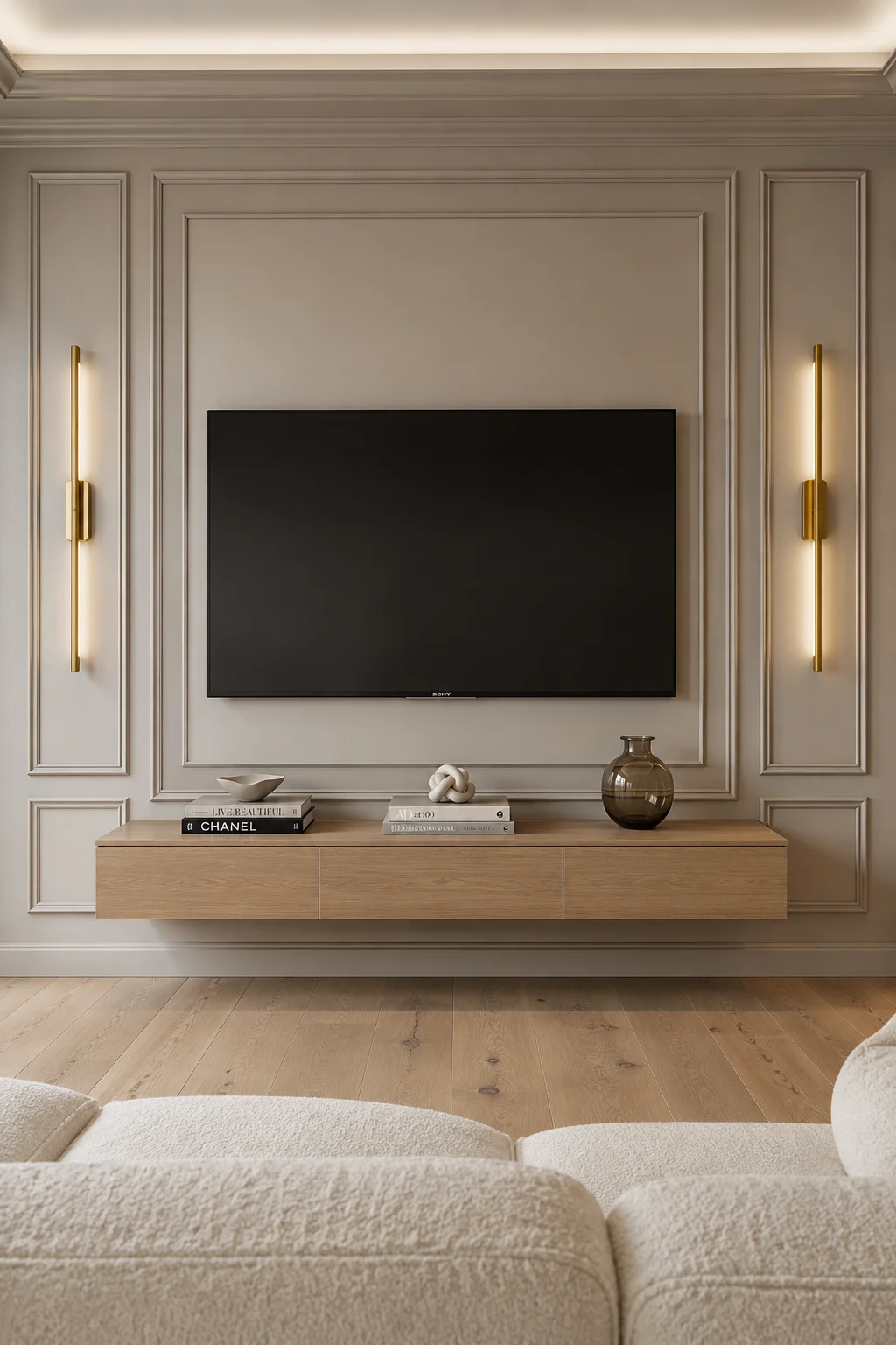 Luxury TV feature wall with picture frame wall molding, floating oak media console, slim brass wall sconces, concealed lighting, neutral architectural panels, modern entertainment center, and elegant custom built living room design.