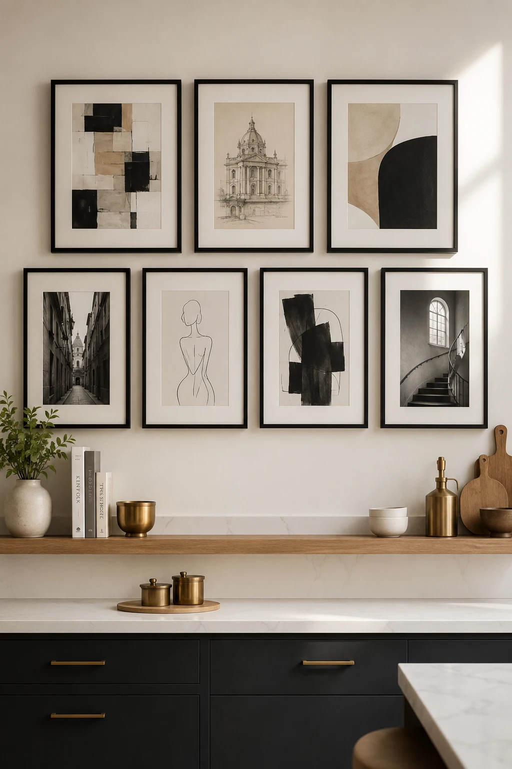 Modern gallery wall featuring coordinated black framed abstract prints, architectural sketches, line art, and monochrome photography above a stylish kitchen countertop with luxury minimalist decor.