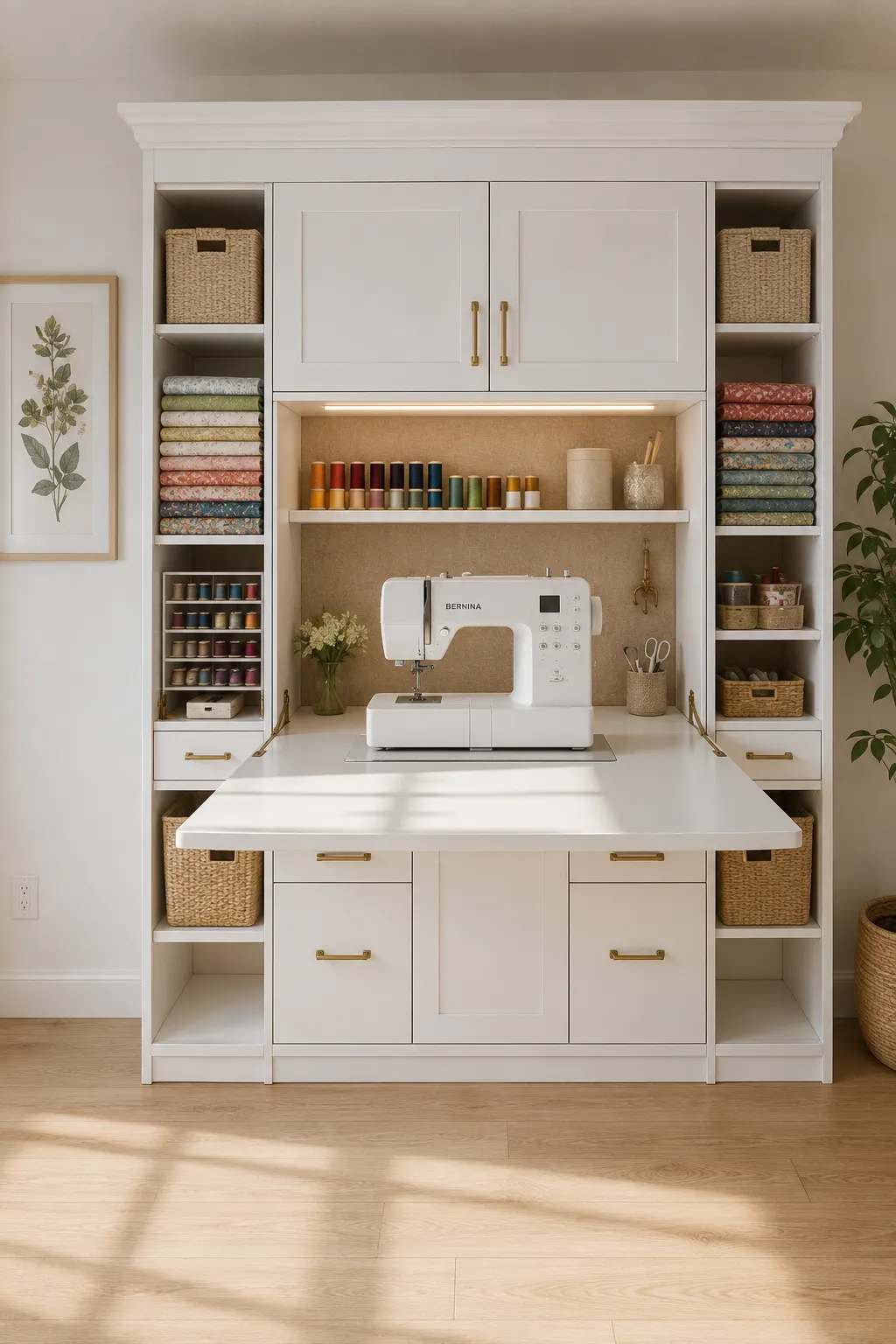 Compact small sewing room transformed from a closet with built in cabinets, fold out sewing desk, floating shelves, thread storage, organized fabric baskets, under cabinet lighting, and creative closet sewing room ideas for saving space at home.