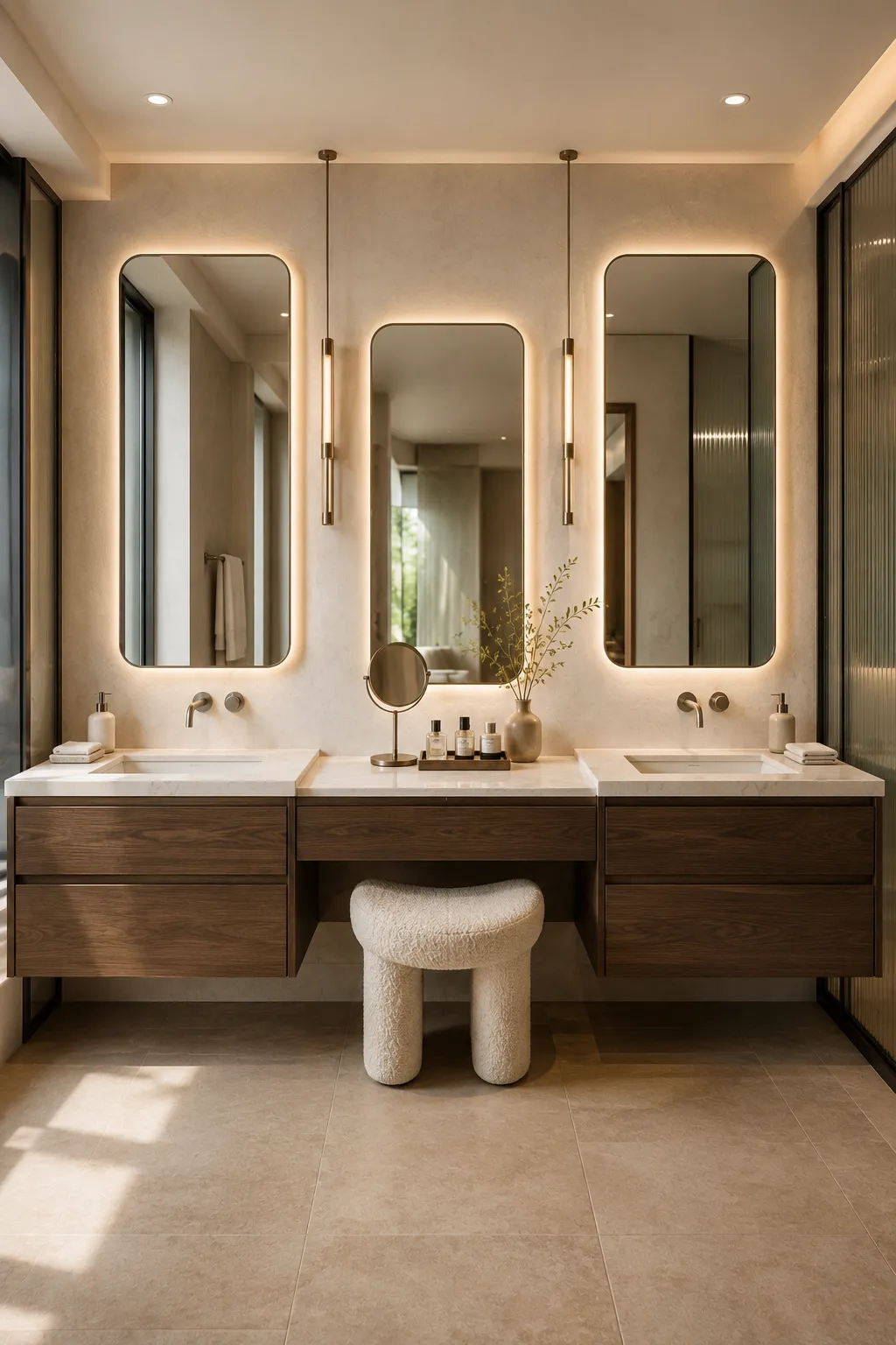 Modern double bathroom vanity with dark walnut floating cabinets, two integrated sinks, a lower central makeup station, three rounded backlit mirrors, slim pendant lighting, sculptural stool, and elegant luxury bathroom styling.