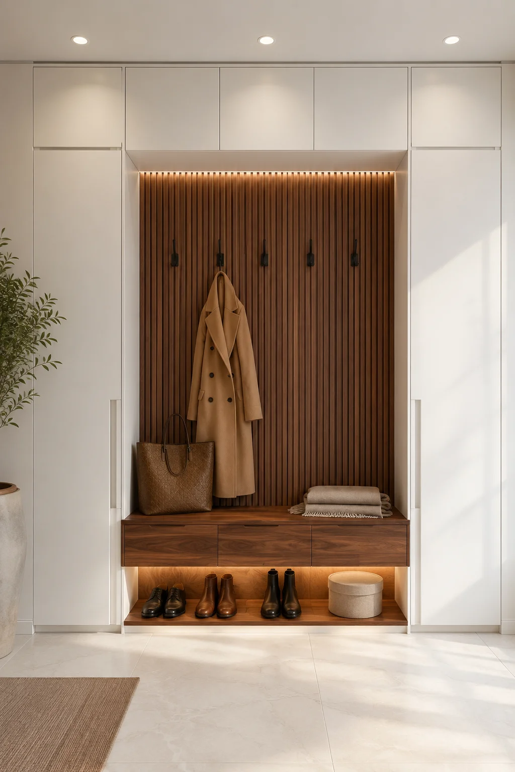Minimalist IKEA mudroom featuring tall white wardrobes, rich walnut floating bench, vertical wood slat wall, concealed drawers, matte black hooks, under bench lighting, and streamlined entryway storage with a luxury modern finish.