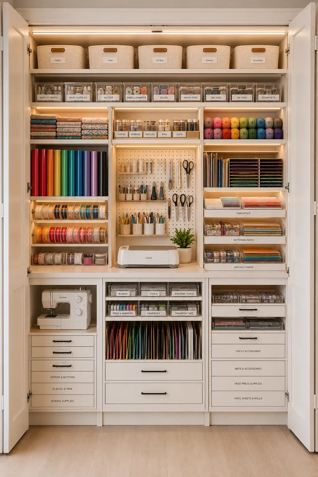 Fully organized craft closet featuring custom cabinets, pegboard wall, paper organizers, ribbon storage, Cricut machine, sewing supplies, labeled drawers, clear storage bins, vinyl rolls, fabric shelves, and modern craft closet organization ideas that maximize storage in a compact space.