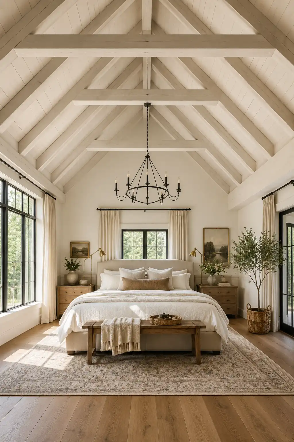 Luxury farmhouse bedroom featuring crisp white slanted ceiling with exposed white beams, vaulted ceiling architecture, oversized black framed windows, modern chandelier, warm oak furniture, neutral linen bedding, woven rug, indoor olive tree, bright airy bedroom inspiration, timeless white beam ceiling design with elegant farmhouse style.