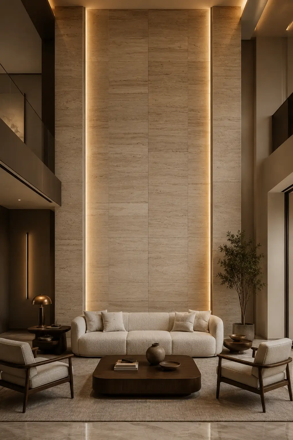 Minimal luxury double height living room featuring a towering floor to ceiling travertine feature wall with warm concealed vertical lighting, low cream sofa, dark wood coffee table, upholstered armchairs, neutral textured rug, and a tall indoor tree in a stone planter.