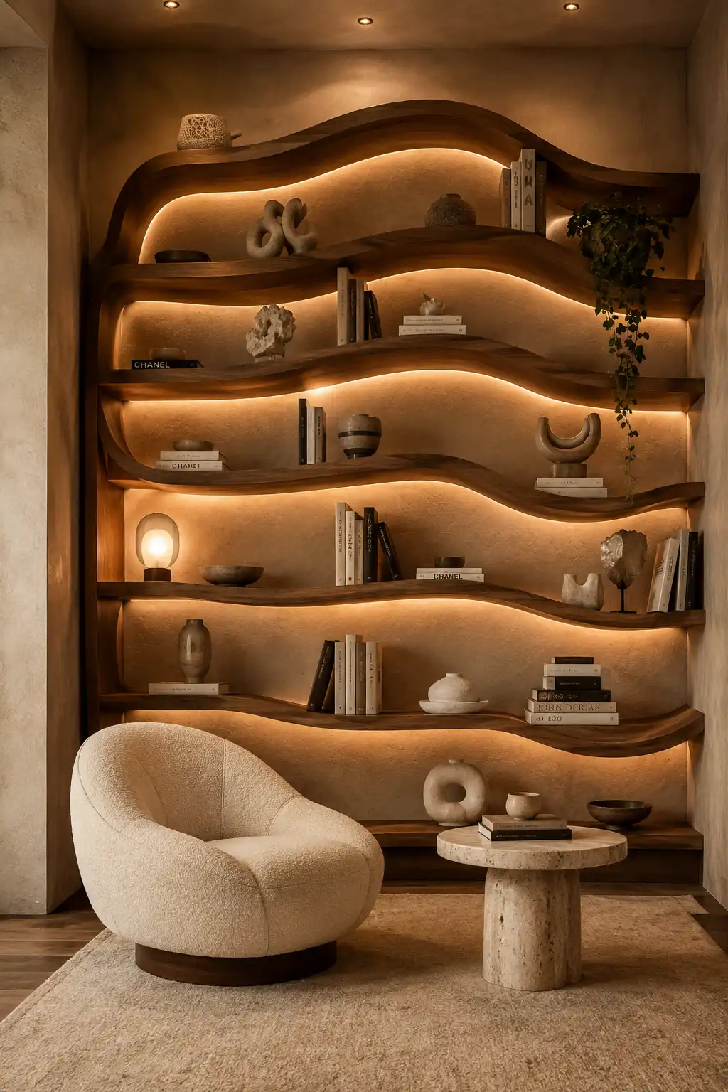 Sculptural wave shaped bookshelf with flowing dark wood shelves, warm hidden LED lighting, textured neutral walls, carefully arranged books, abstract sculptures, ceramic decor, trailing greenery, a curved cream lounge chair, and a round stone side table.