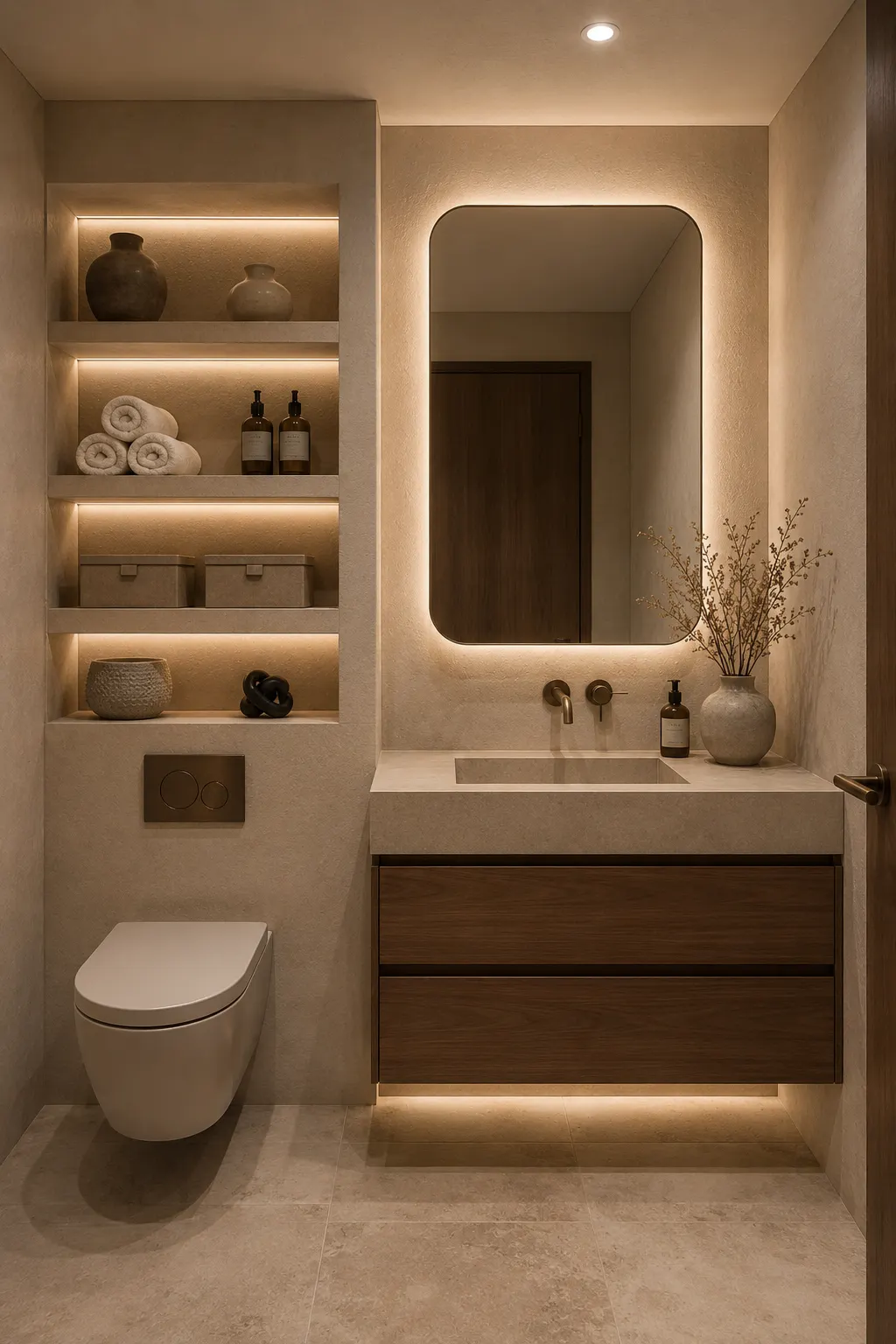 Warm modern small bathroom with illuminated built in floating shelves, walnut wood vanity, integrated stone basin, rounded LED backlit mirror, wall mounted bronze faucet, wall hung toilet, rolled towels, matching storage boxes, ceramic decor, and soft concealed lighting.
