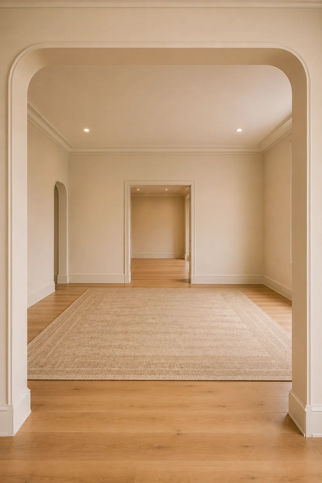 Empty minimalist living room with warm chalky ecru painted walls, softly rounded architectural openings, subtle ceiling molding, honey toned oak flooring, and a large textured beige area rug creating a warm neutral interior.