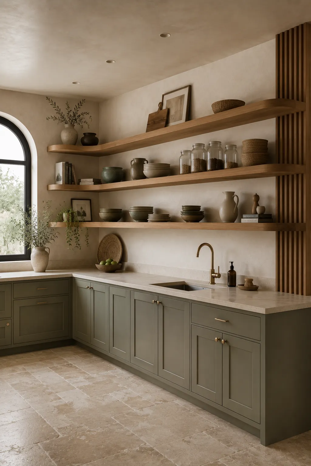 Organic modern corner kitchen featuring wraparound natural wood open shelves with curved edges and vertical slatted wood detailing, styled with stacked plates, clear pantry jars, woven baskets, pottery, books, framed art, greenery, sage green cabinetry, and limestone flooring.