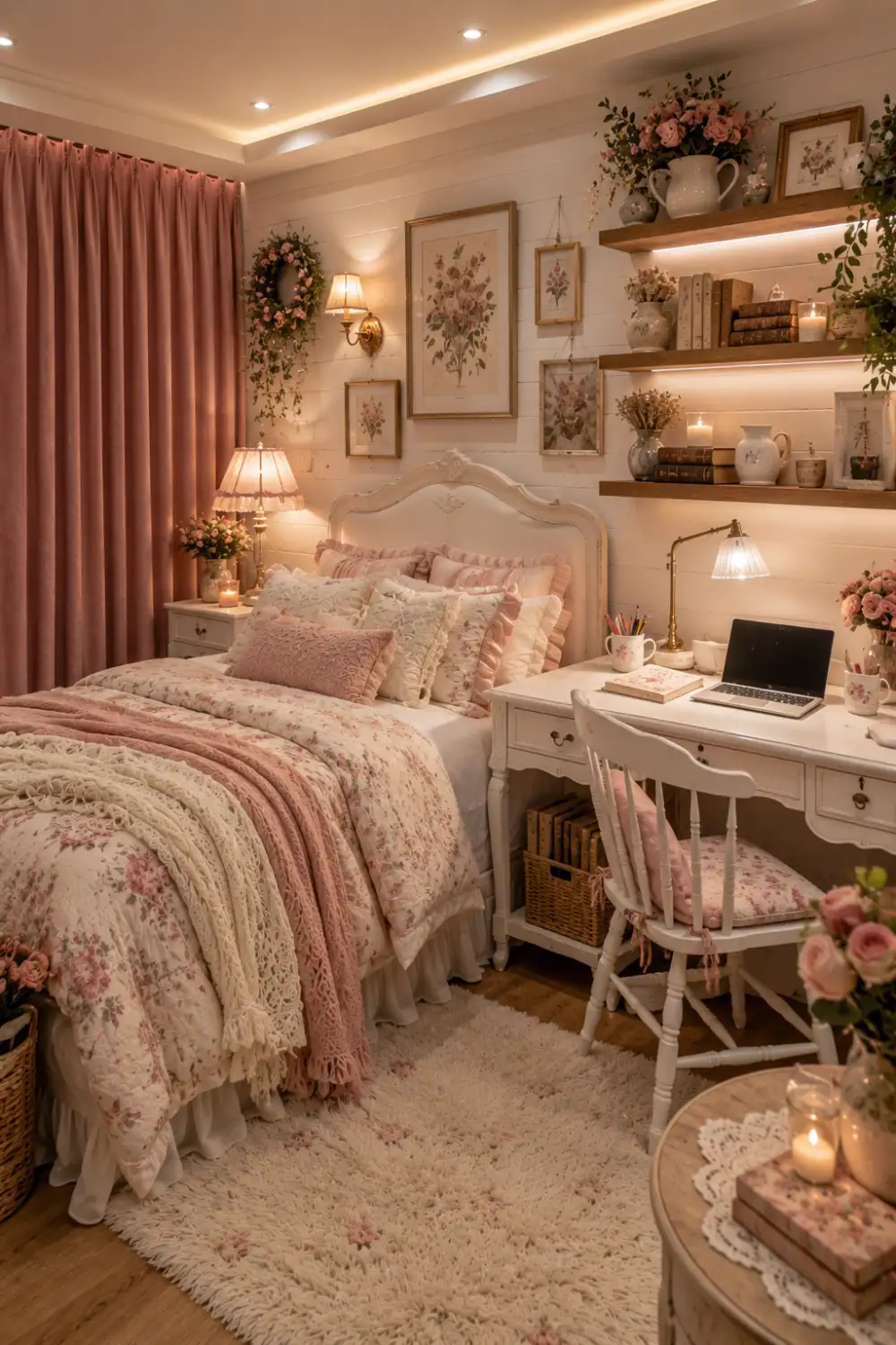 Pink floral cottage dorm room with floral bedding, vintage white furniture, wooden floating shelves, botanical wall art, cozy reading desk, blush curtains, decorative candles, fresh flowers, plush rug, and cottage style dorm room inspiration.