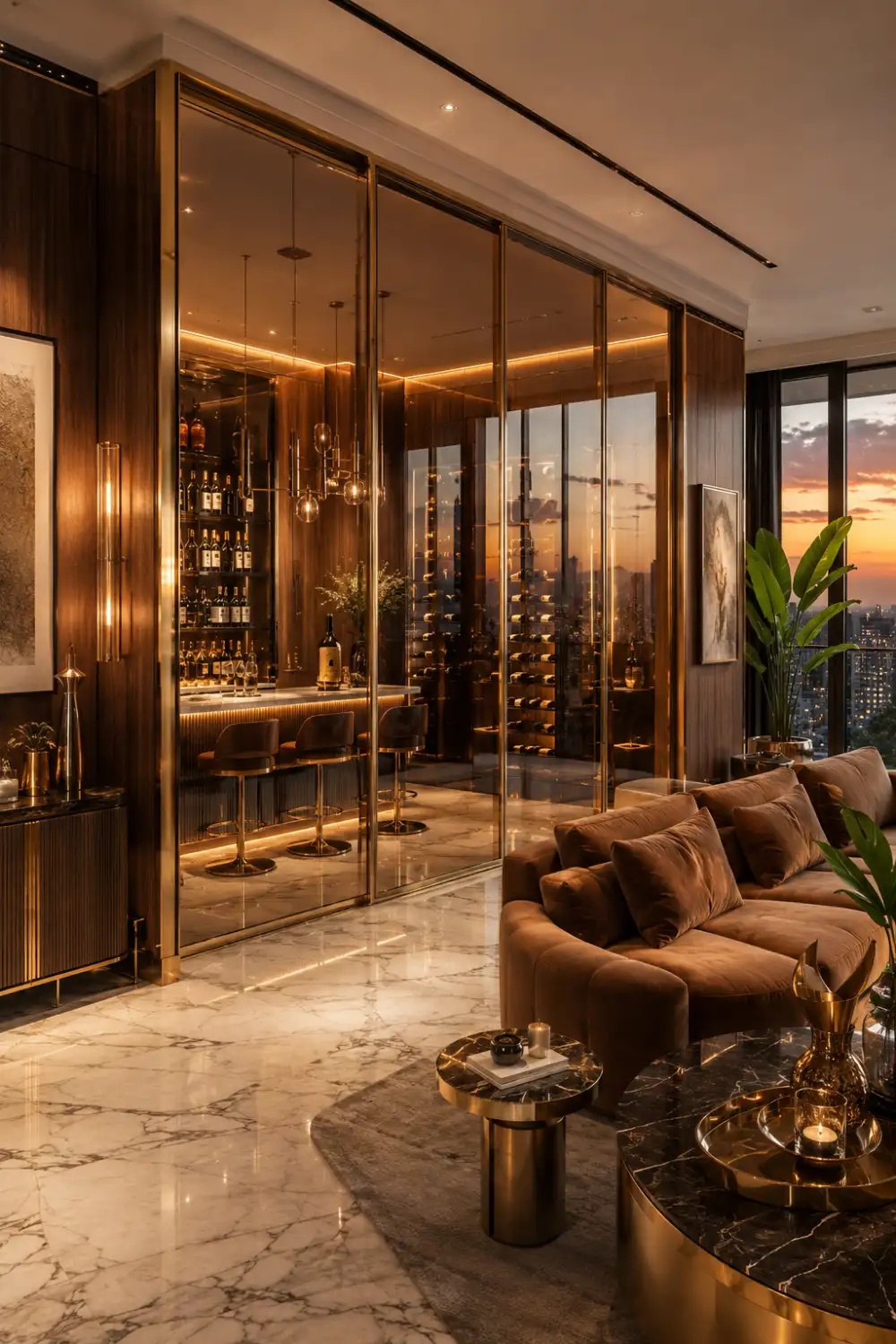 Luxury bronze tinted glass partition separating a stylish home bar and living room with marble flooring, walnut wall panels, velvet sofa, designer lighting, city skyline views, elegant modern penthouse, and upscale interior design inspiration.