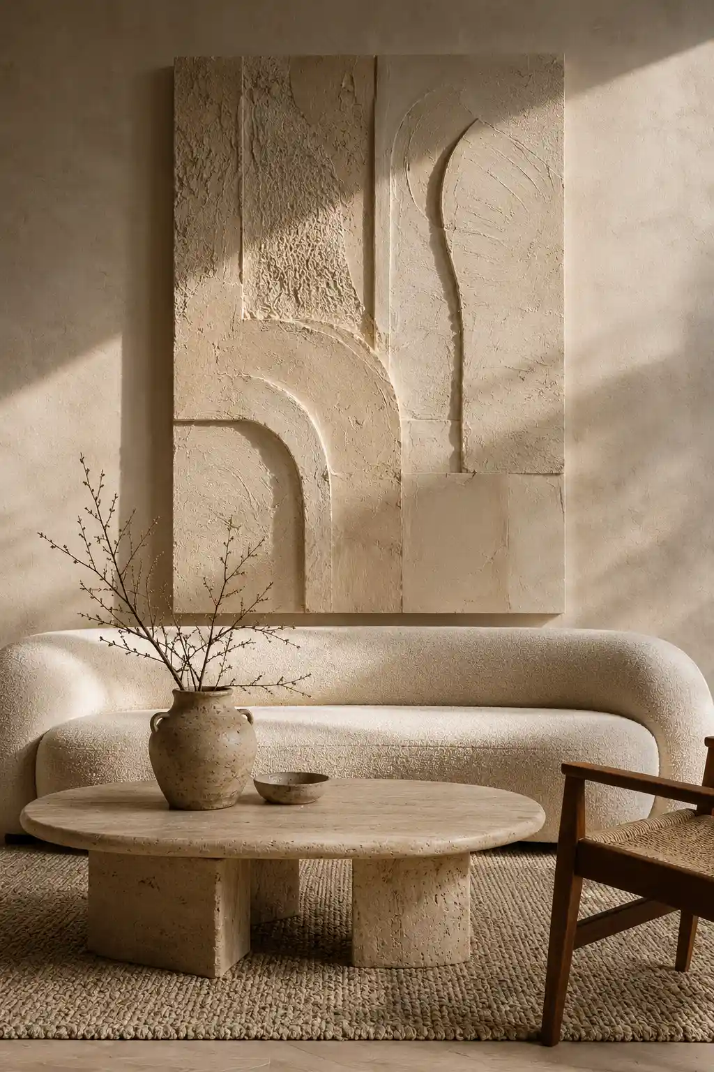 Organic modern living room featuring oversized textured plaster wall art with raised abstract curves and handcrafted relief details in soft ivory and warm beige tones, styled above a curved boucle sofa with a travertine coffee table and natural ceramic decor.