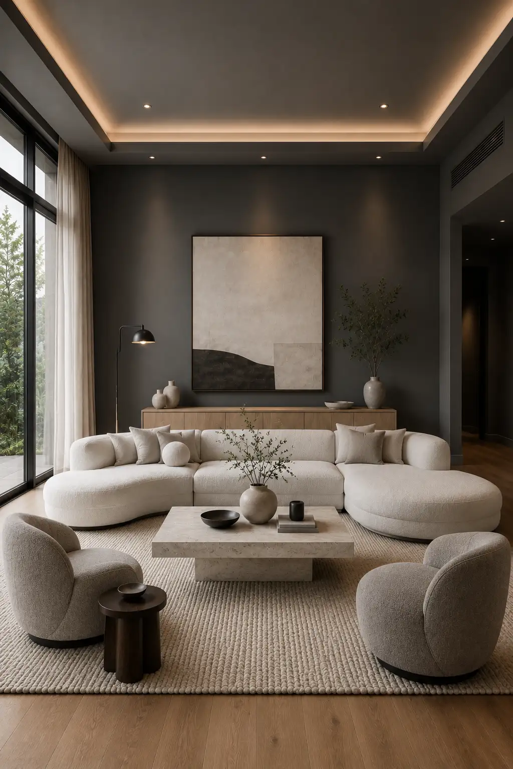 Contemporary luxury living room with mushroom taupe painted walls, a large curved ivory sectional sofa, textured cream accent chairs, a rectangular pale stone coffee table, chunky neutral rug, light wood console, oversized artwork, and soft natural lighting.