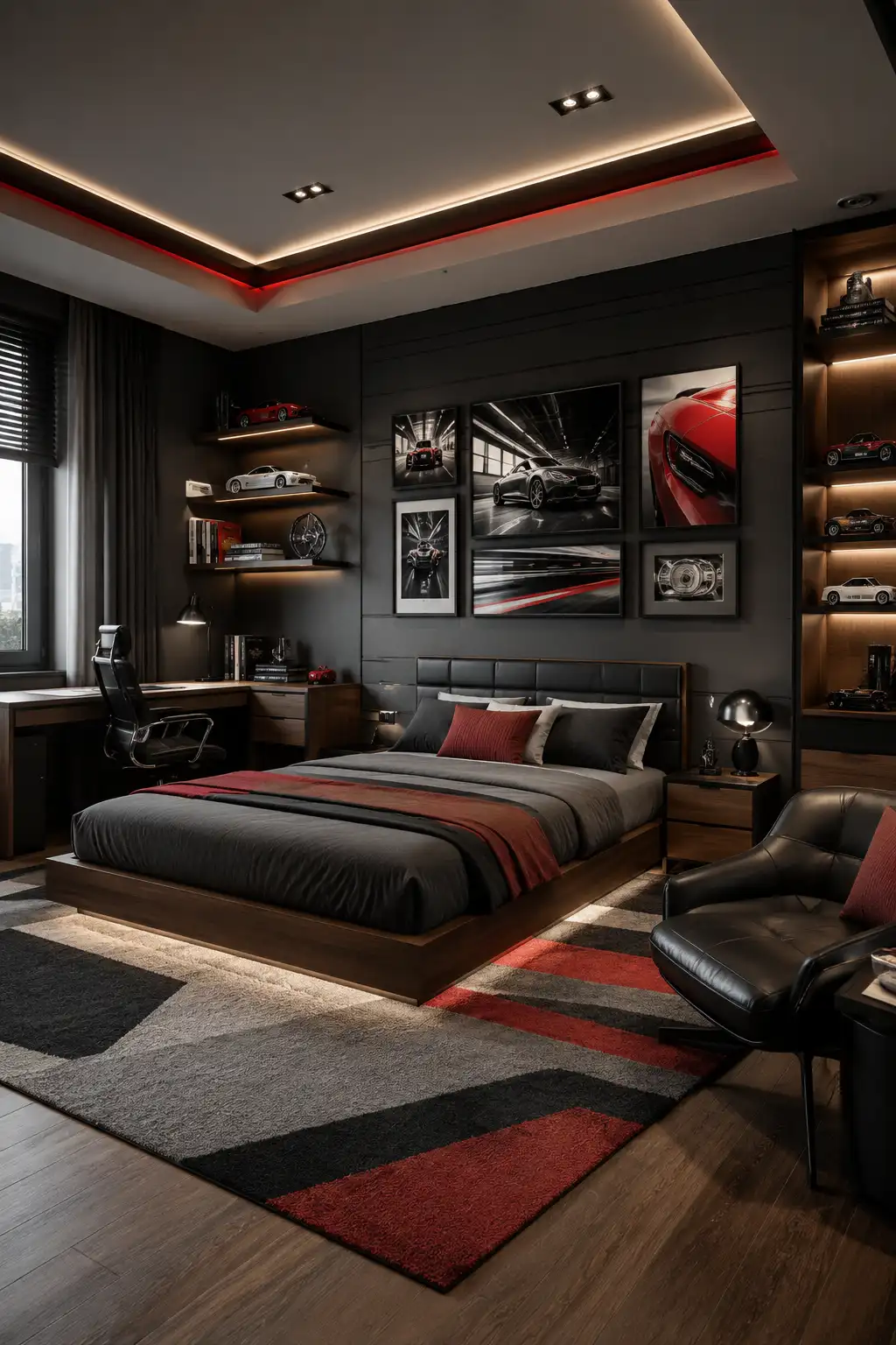 Modern automotive inspired boys’ bedroom featuring charcoal walls, walnut furniture, black and red bedding, framed car photography, illuminated shelves displaying model cars, corner study desk, black leather lounge chair, bold geometric rug, and dramatic red accent lighting.