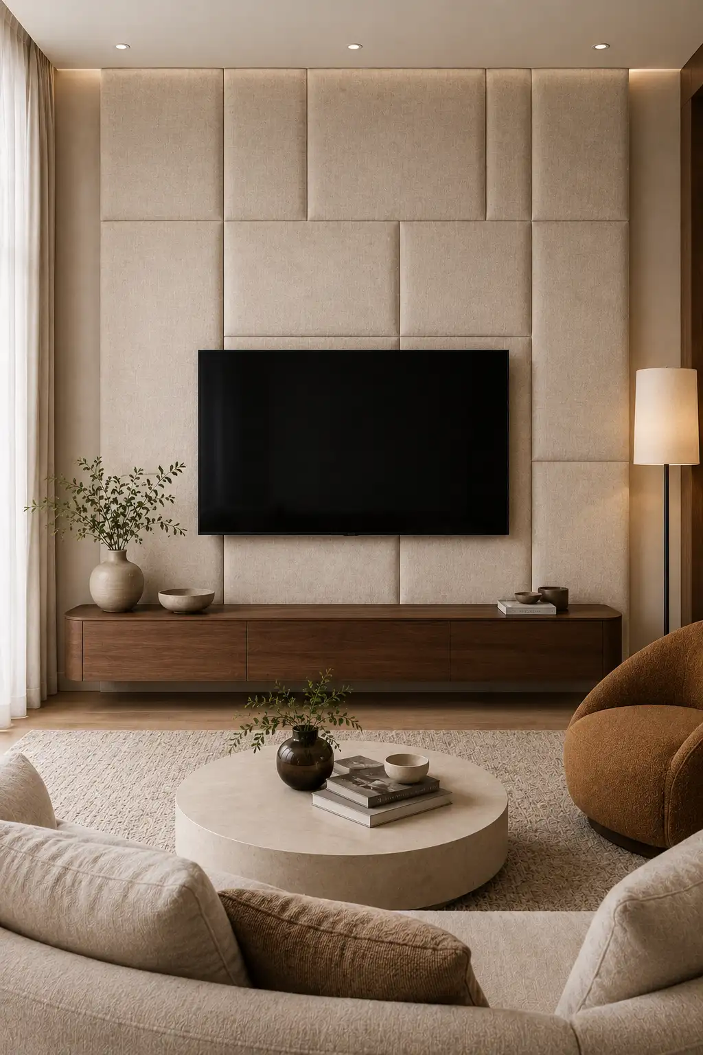Modern fabric upholstered TV wall featuring large oatmeal padded panels with soft woven texture, a wall mounted television, rich walnut floating console, curved cream sofa, round coffee table, warm brown accent chair, and sophisticated neutral living room decor.
