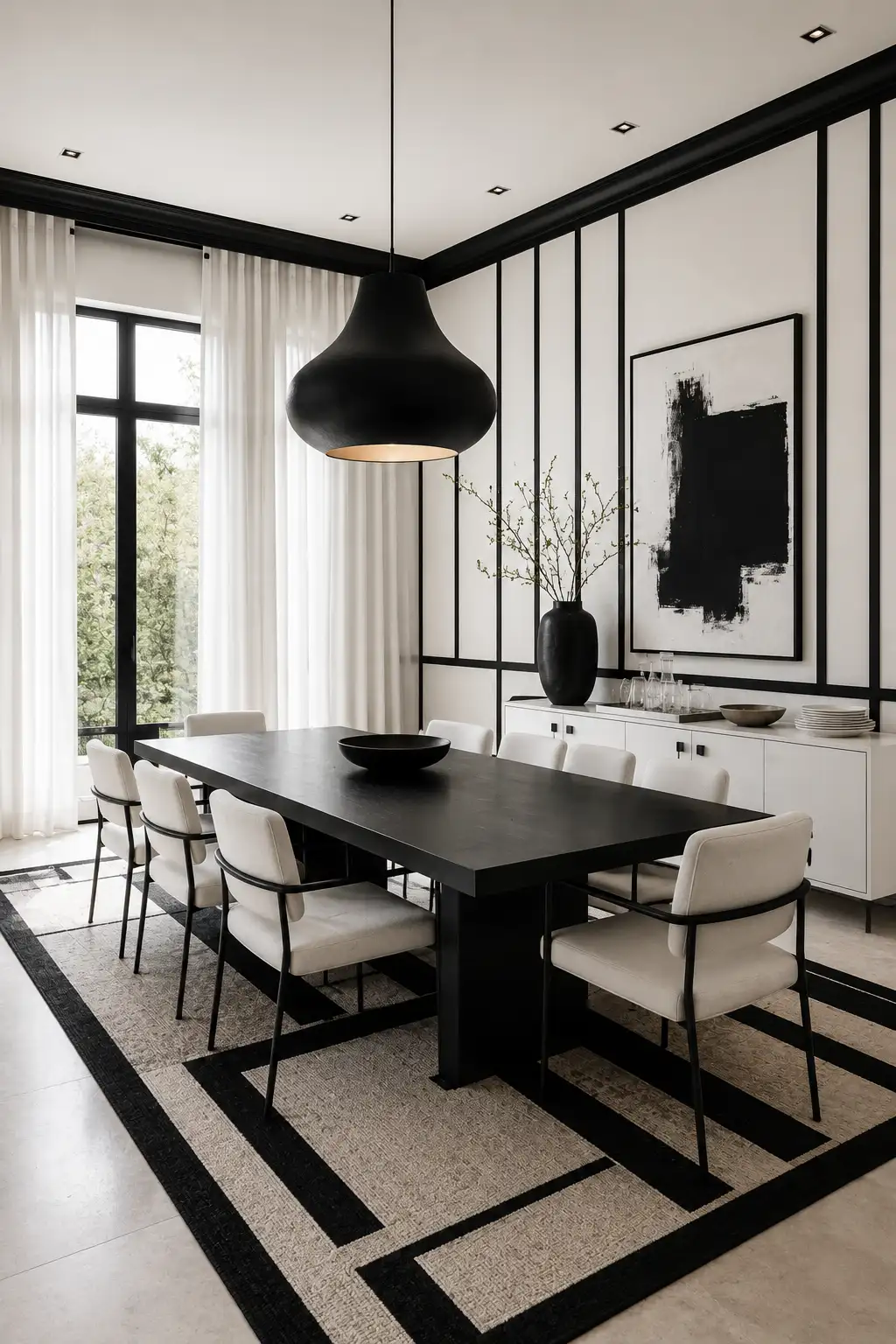 Black and white dining room featuring a large matte black dining table, white upholstered chairs with slim black frames, oversized sculptural black pendant light, graphic black wall trim, monochrome abstract artwork, white sideboard, sheer curtains, and a bold geometric black and cream area rug.