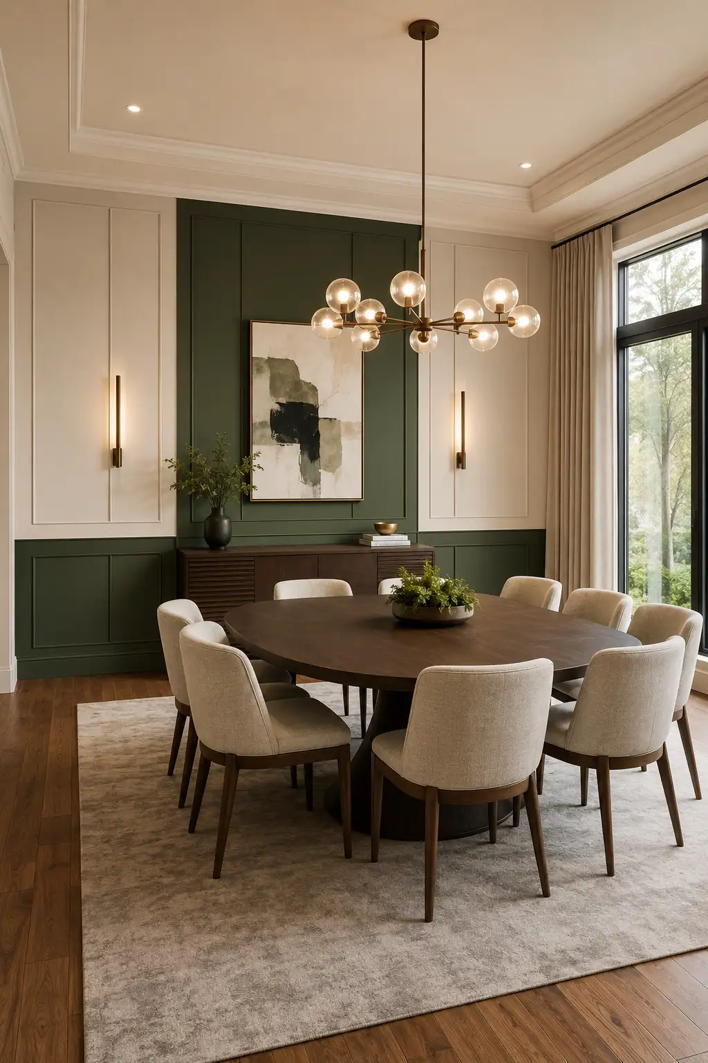 Elegant modern dining room featuring a two tone architectural panel wall in deep muted green and warm cream, centered abstract artwork, slim wall sconces, dark wood sideboard, round dining table, neutral chairs, and contemporary globe chandelier.