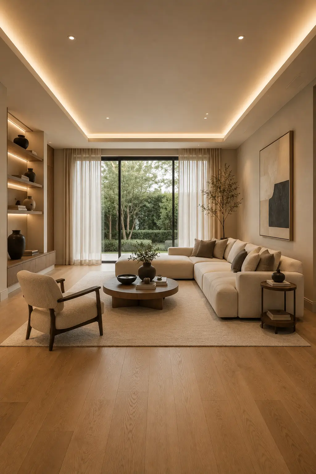 DIY recessed ceiling cove lighting in a contemporary living room featuring concealed warm LED strips, cream sectional sofa, floating shelves, oak flooring, oversized artwork, textured area rug, linen curtains, and bright luxury modern interior design.