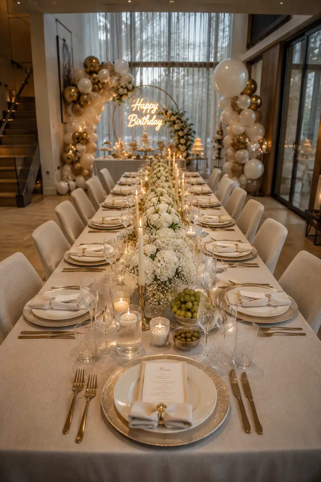 Elegant birthday dining table decorated with white floral centerpieces, crystal glassware, gold cutlery, candles, luxury table settings, balloon decorations, stylish party tablescape, and sophisticated birthday dinner decoration ideas for modern celebrations.