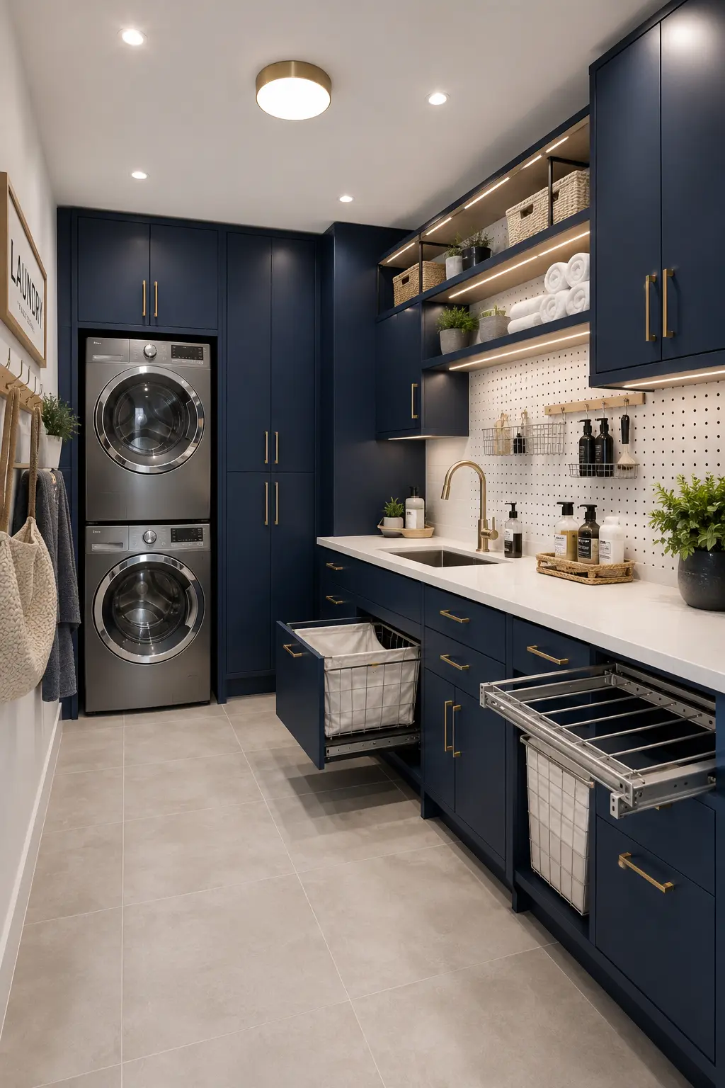 Modern navy blue utility wall laundry room with stacked washer and dryer, floor to ceiling cabinets, pegboard organization wall, integrated sink, spacious white countertop, pull out hampers, floating shelves, brass hardware, warm LED lighting, and practical storage solutions.