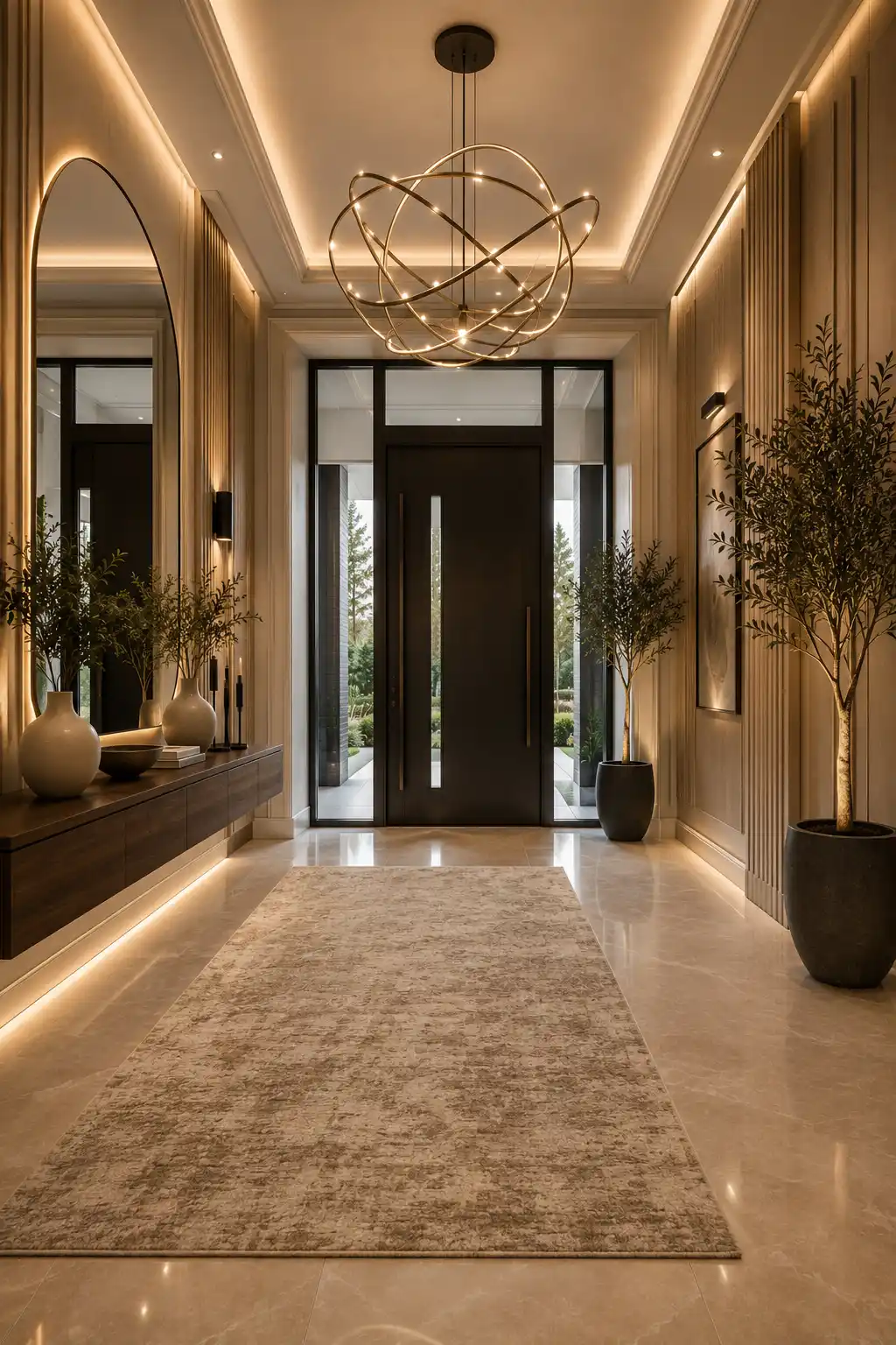 Statement lighting entrance hall with a sculptural modern chandelier, floating walnut console, oversized LED backlit mirror, decorative wall moldings, vertical wood slat accents, porcelain flooring, indoor olive trees, premium décor, and an elegant contemporary home entrance filled with natural light.