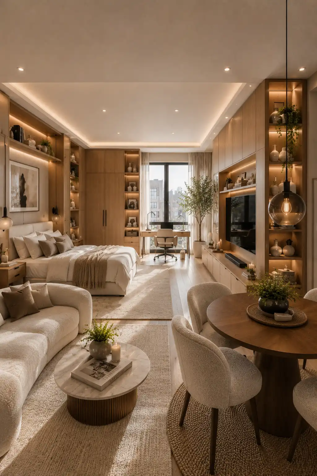 Luxury studio apartment with custom floor to ceiling built in cabinetry, open display shelves, integrated LED lighting, modern workspace, cozy bedroom, entertainment wall, warm wood finishes, neutral decor, organized storage solutions, and elegant small apartment design that maximizes every inch.