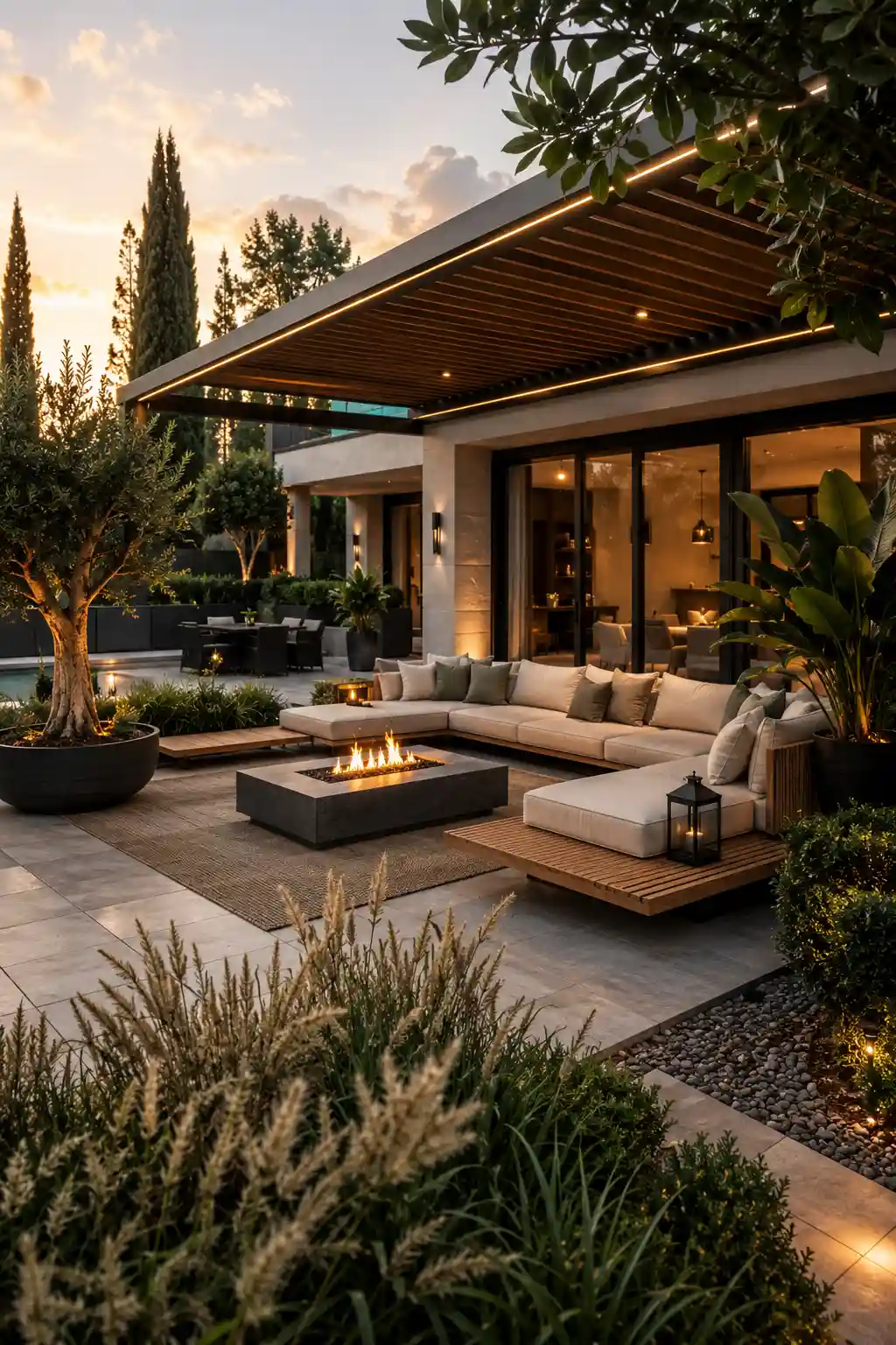 Modern outdoor lounge garden with premium sectional seating, contemporary fire table, black pergola, oversized planters, olive trees, tropical landscaping, porcelain paving, luxury backyard patio, designer outdoor furniture, elegant entertaining space, architectural landscape design, contemporary outdoor living, and modern luxury garden inspiration.