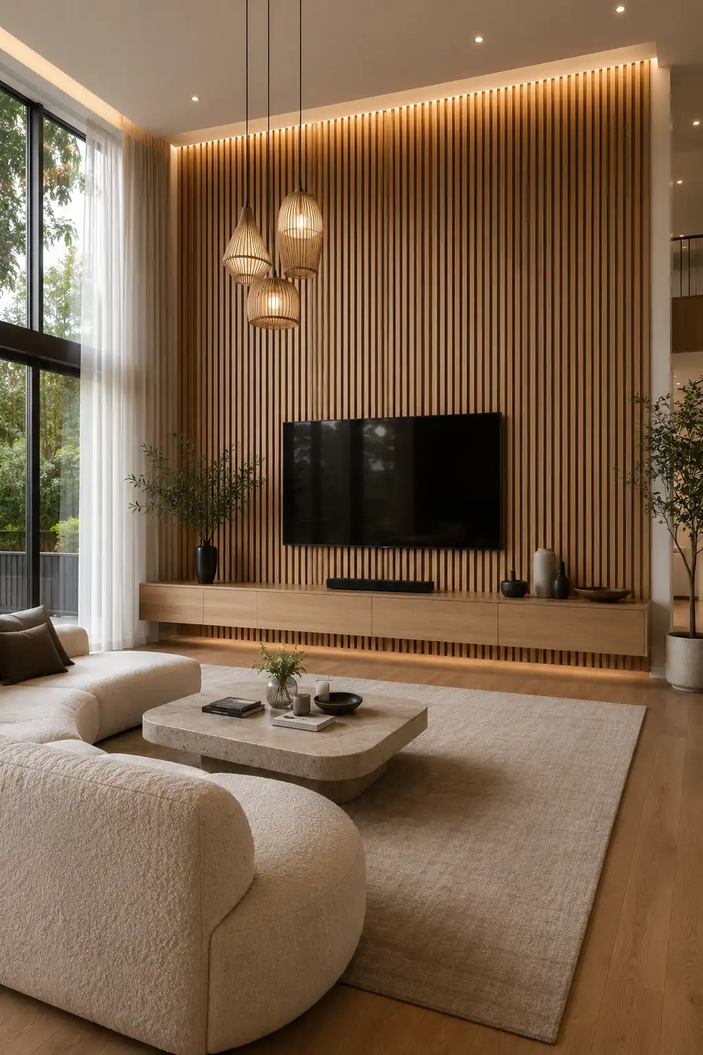 Floor to ceiling wooden slat accent wall behind a floating TV console featuring natural oak vertical slats, modern media unit, pendant lighting, textured area rug, curved sofa, large windows, luxury contemporary living room styling, and modern DIY wood slat wall ideas for blank walls.